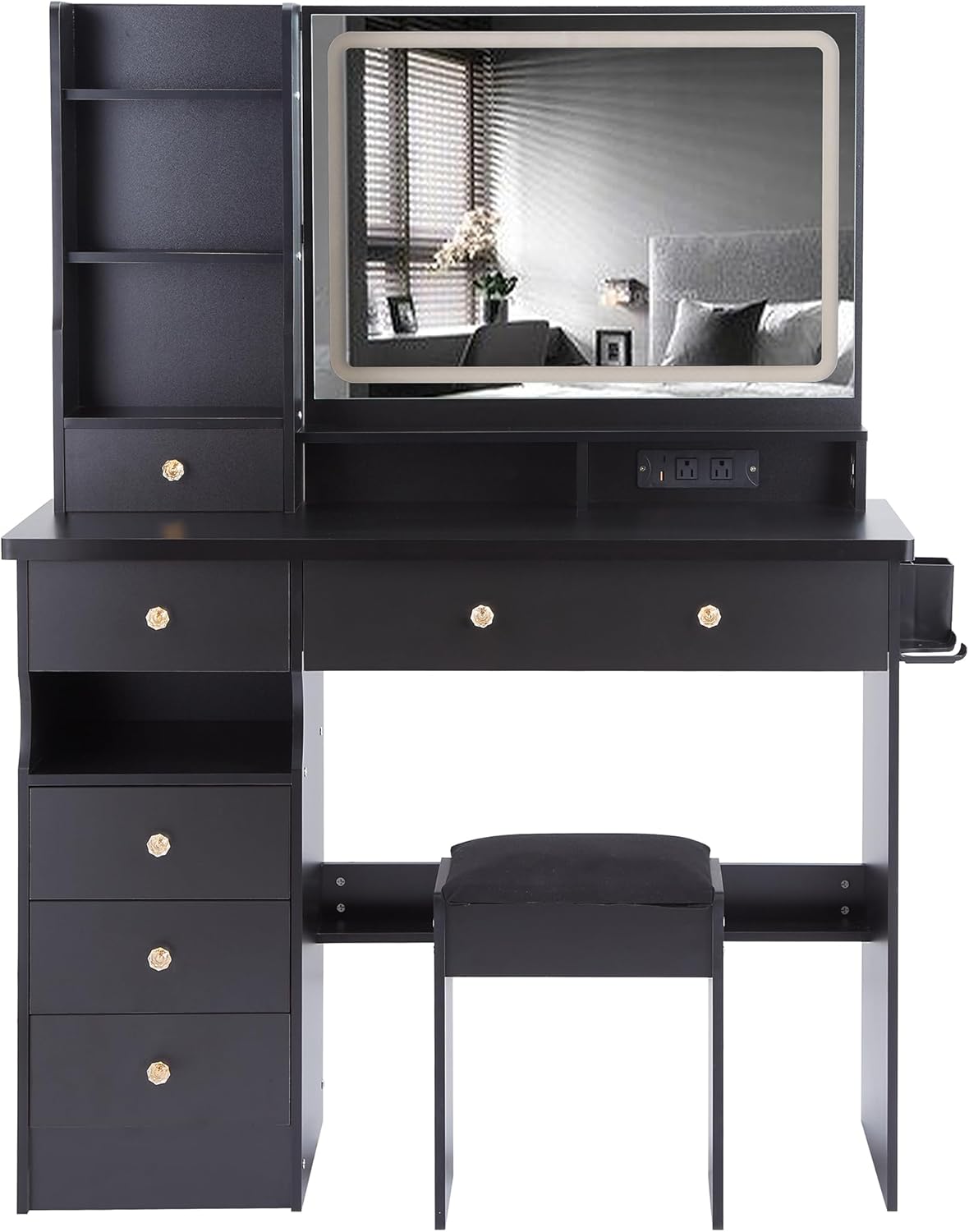 41" Large Size Left Drawer Desktop Vanity Table+Cushioned Stool Dresser Set, 2 AC+2 USB Power Station, Hair Dryer Stand, Extra Large Touch Control LED Mirror, 3-Color Switch,Black