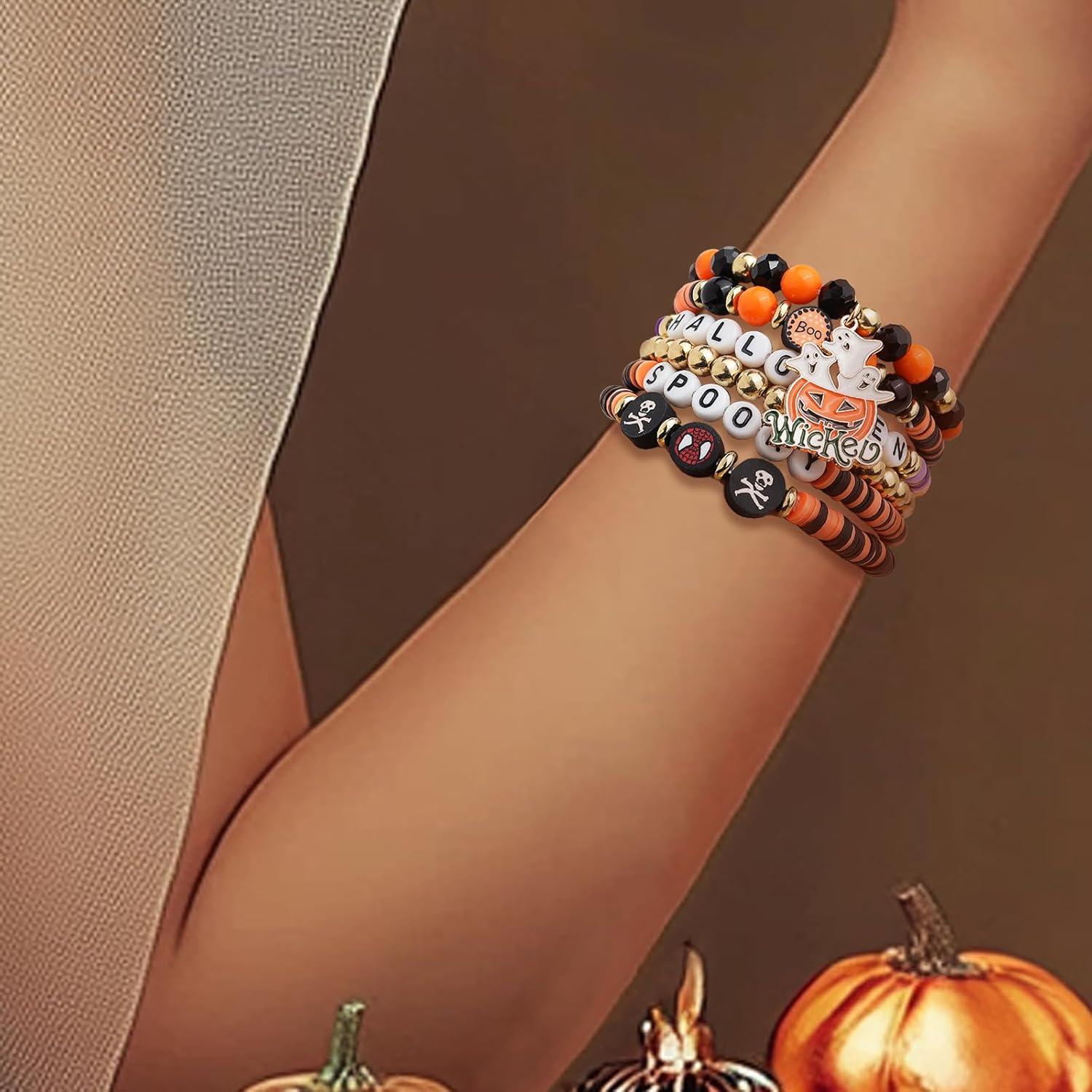 Halloween Heishi Stack Bracelets Set for Women, Handmade Boho Clay Beaded Initial Letter Bracelet Accessories Outfit Jewelry Gift. - Image 3
