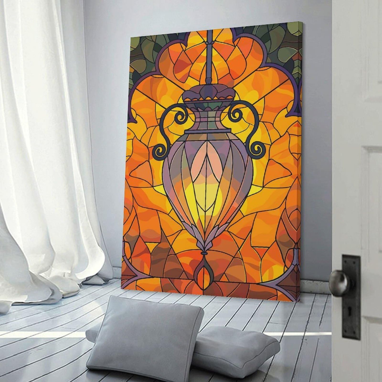 Junmoney Canvas Wall Decor Stained Glass Lantern with Floral Accents, 20x30inch(50x75cm), for Bedroom Decor, Cosy Corners Or Studios, Decorative Wall Art for Cosy Rooms