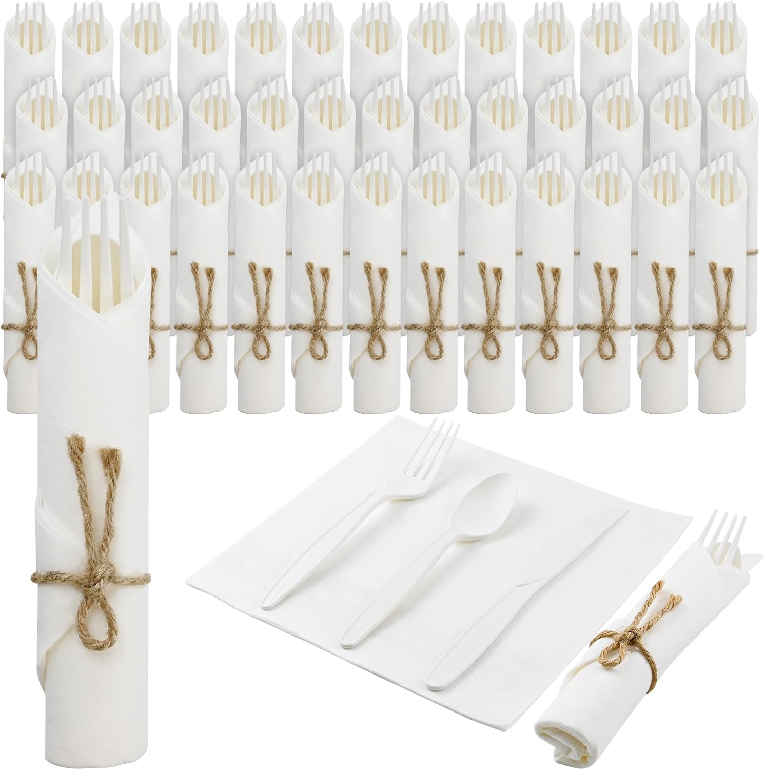Pre Rolled Napkin Cutlery Set - Compostable Utensils 8" Large Disposable Utensils Wrapped Forks Knives Spoons Napkins Cornstarch Biodegradable Silverware Cutlery for Party (100)