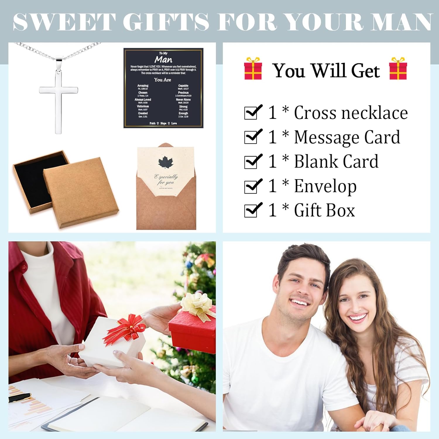 EPIRORA Cross Necklaces Gifts for Men Him, Stainless Steel Cross Necklace Cuban Chain Pendant Necklace Gifts for Son Grandson Brother Nephew Mens - Image 4