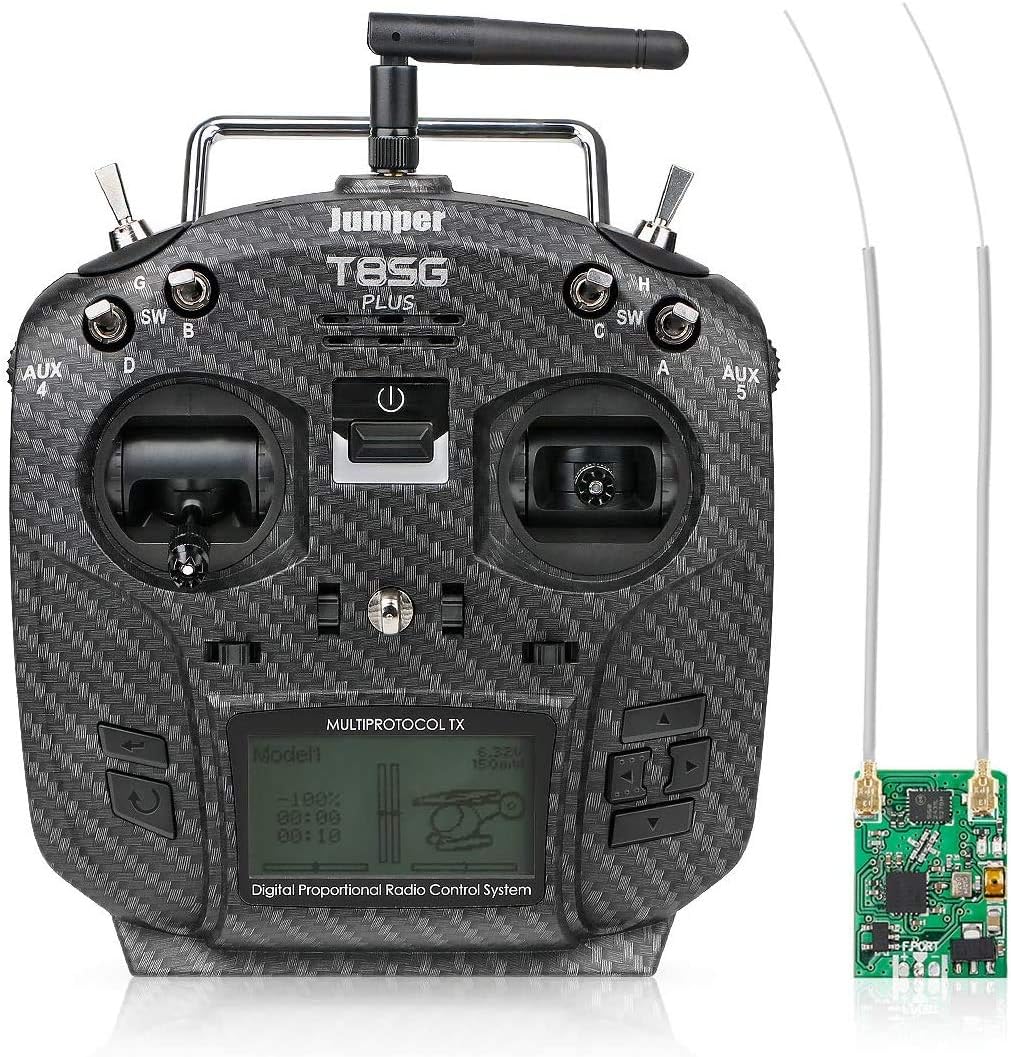 Jumper T8SG V2.0 Plus 2.4GHZ 12CH Radio Transmitter Carbon Special Edition Hall Gimbal Multi-protocol with R1F Receiver for Flysky Frsky RC Racing Drone Car Boat (Mode 2 Left Hand Throttle)