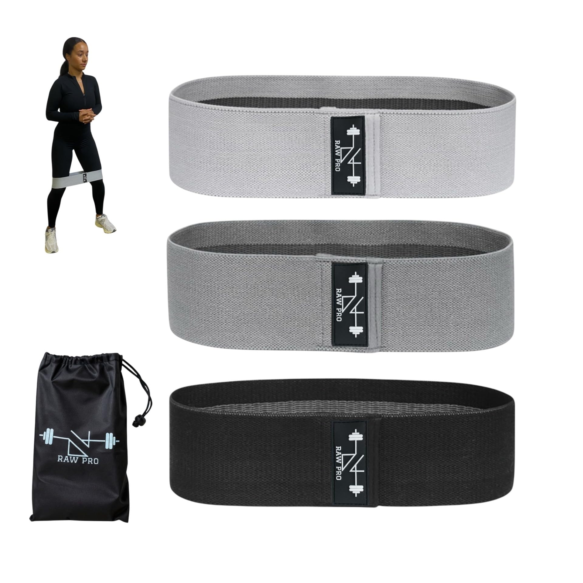 DanRaw Pro Fabric Booty Bands Set of 3 Resistance Bands with Fabric Carry Bag, Light/Medium/Heavy Levels – Non-Slip Glute & Leg Workout Bands for Women & Men. Black Grey and Light Grey