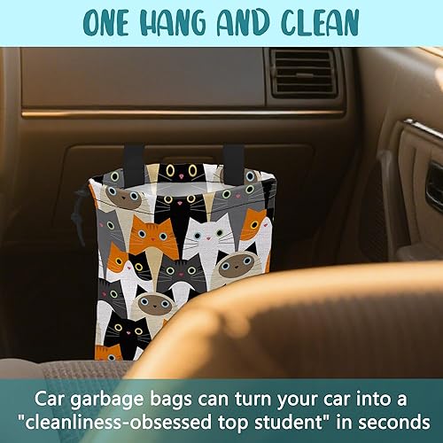 Miniatura 6 de Bolsa de basura para automóvil, con diseño de gatos de dibujos animados, impermeable, a prueba de fugas, con cordón, plegable, con hebilla