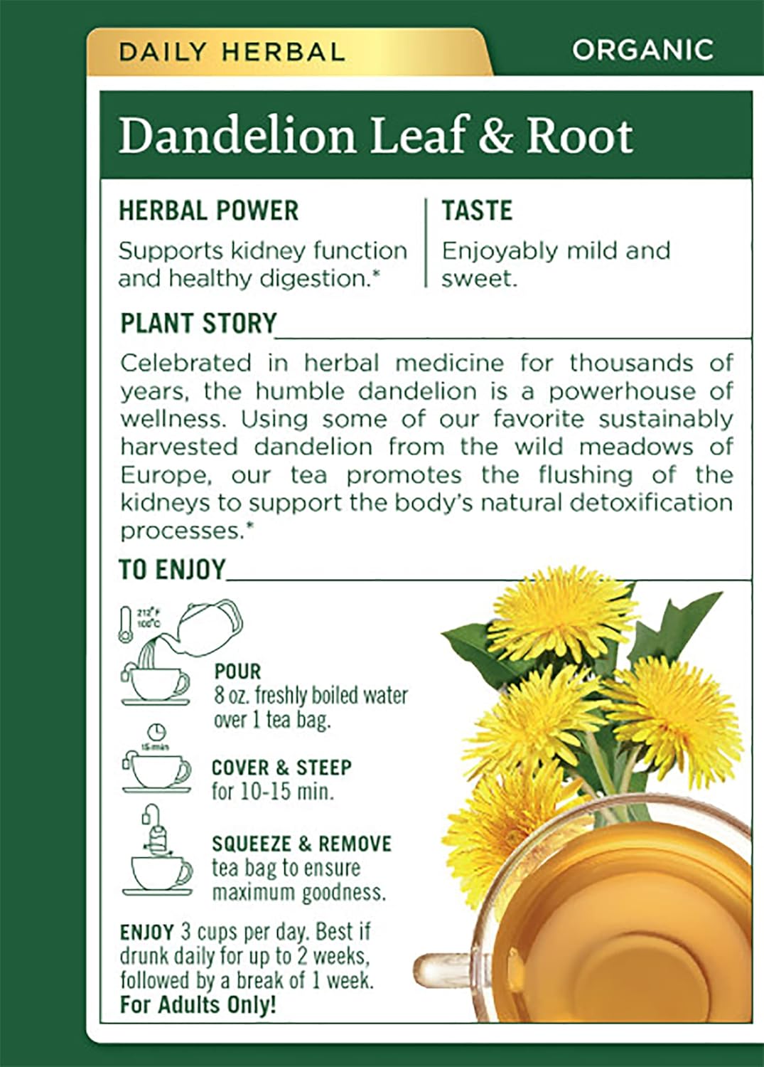 Traditional Medicinals Organic Dandelion Leaf & Root Herbal Tea, Supports Kidney Function & Healthy Digestion, 16 Count (Pack of 4) - 64 Tea Bags Total