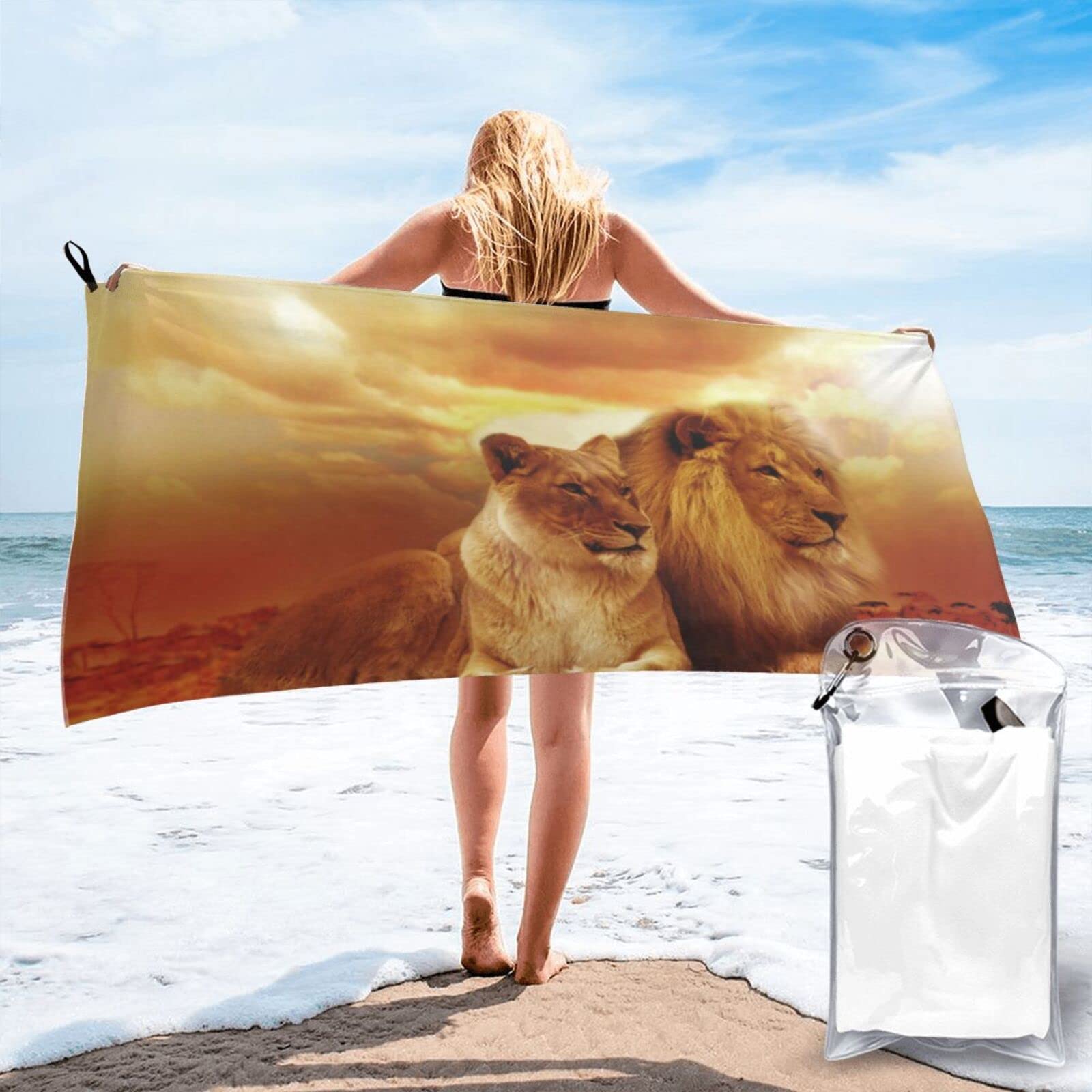 Lawenp African Lion Microfiber Beach Towel Adults Large Quick Drying Bath Towel Travel Towels with Pouch 31.5"x63"