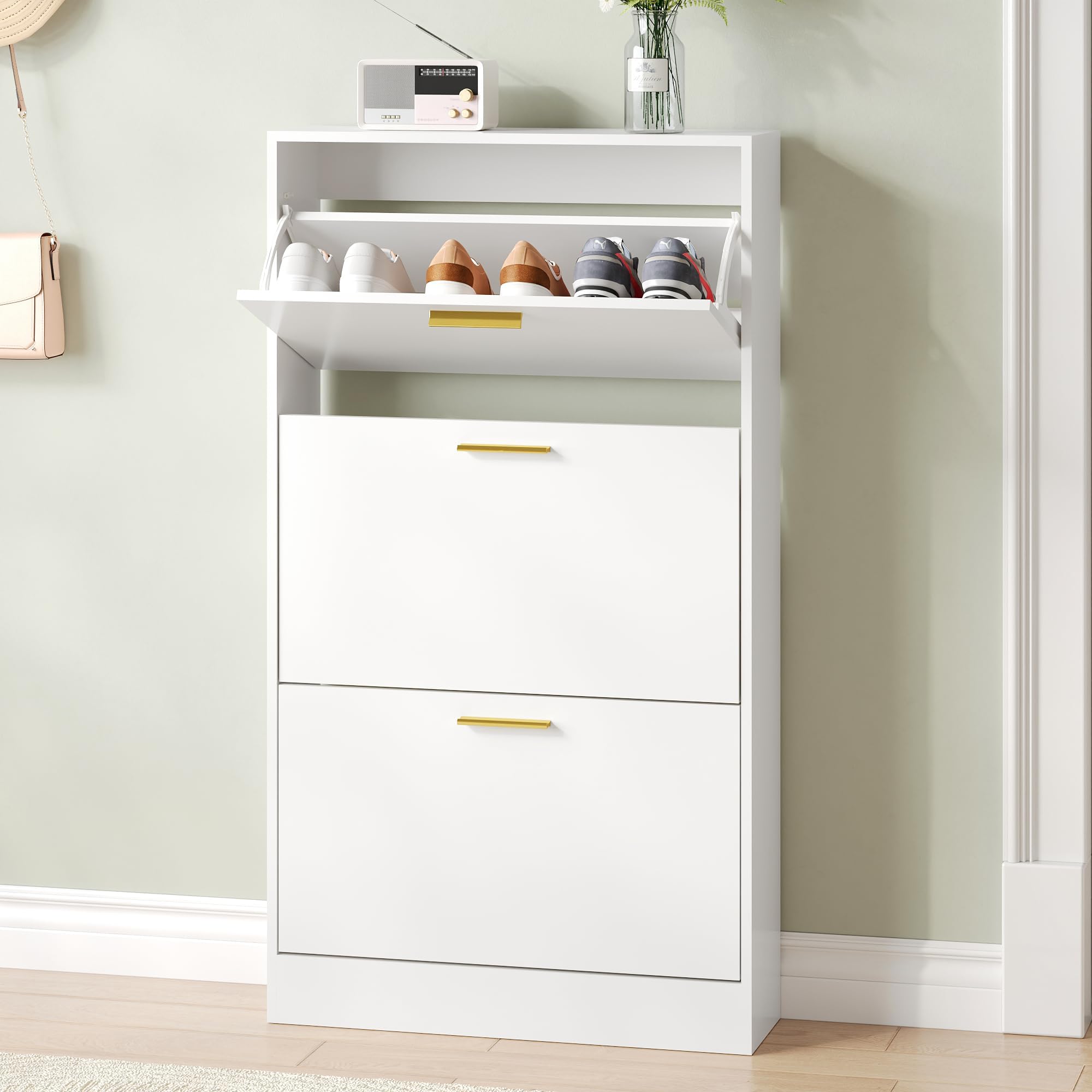 Shoe Cabinet Storage for Entryway, White Shoe Organizer with 2 Flip Drawers & Open Shelf, Freestanding Hidden Large Shoe Storage Cabinet (1pc-White, 3 Flip Drawers)