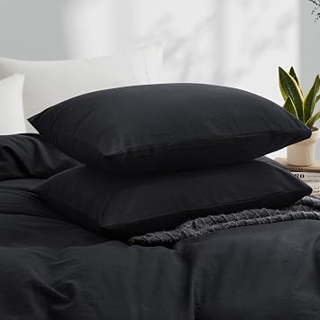 LOVQUE 100% Washed Cotton Duvet Cover, Black, King Size, 104x90 Inches | Breathable, Linen-like, Natural Bedding Set with Zipper Closure, Corner Ties, 1 Cover + 2 Pillowcases, No Comforter