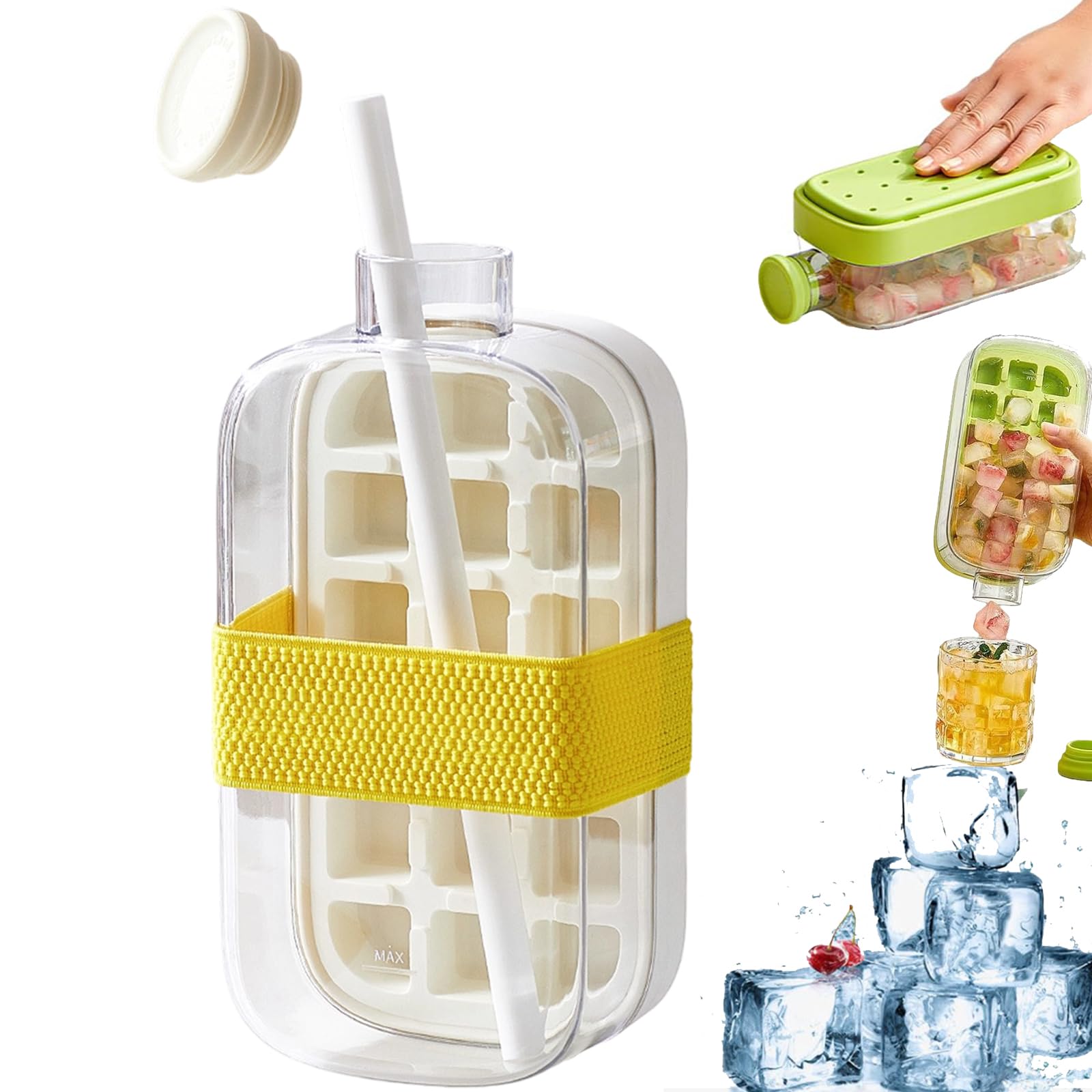 Ice Cube Bottle with Straw, 12/18 Grid Easy Press Release Ice Tray with Straw & Anti-Slip Strap, 2 in 1 Ice Cube Mould Cup with Lid and Bin, for Freezer, Coffee, Summer Drinks (White, 18grids)