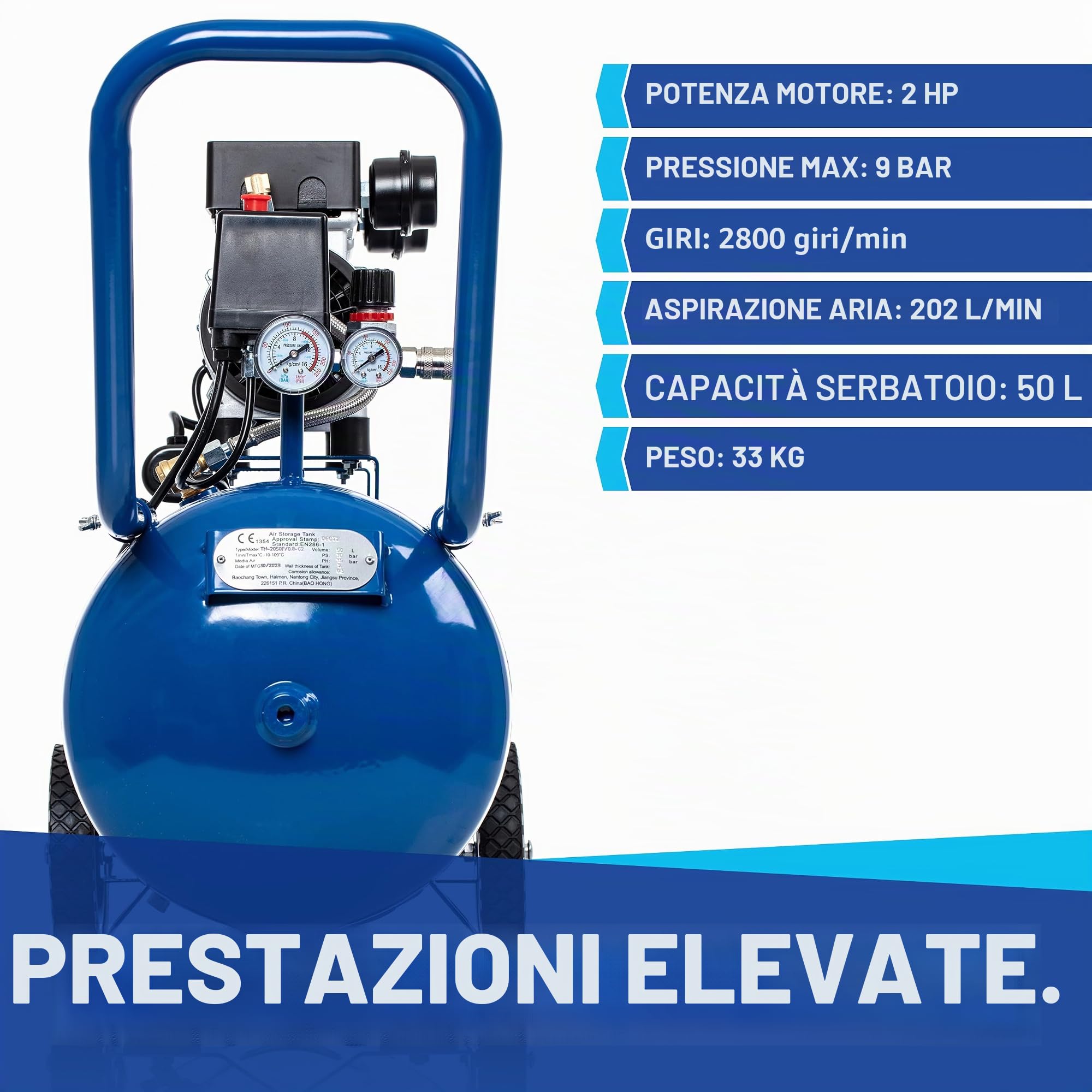 Compressore silenzioso NTG 9 bar | Serbatoio da 50 l | Potenza 1470 W | Senza olio | versatile con manometro e regolatore di pressione Serbatoio da 50 l (compressore con starter kit)