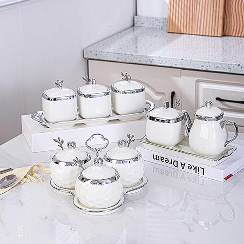 Miniatura 7 de Recipiente de porcelana de golf para condimentos de sal con tapa y cuchara, juego de 3, moderno tarro de condimentos, color blanco y plateado