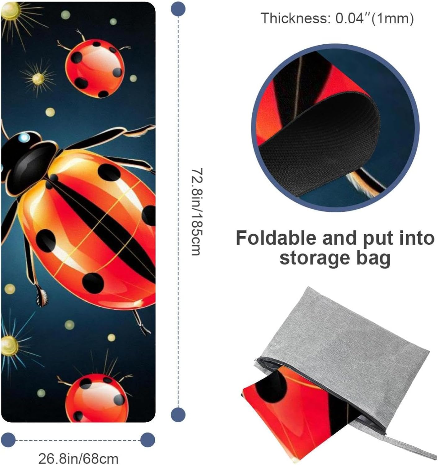 Yoga Towel, Ladybug Pattern Non Slip Sweat Absorbent Hot Yoga Mat Towel for Hot Yoga, Pilates and Fitness - 72.8" x 26.8"