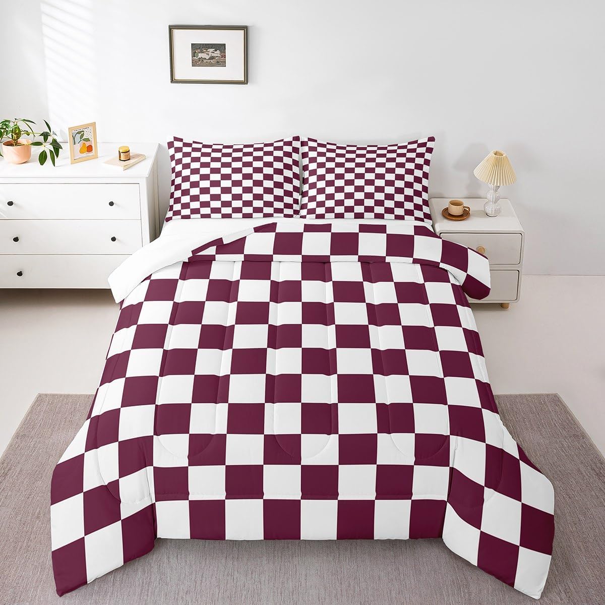Manfei Dark Red White Plaid Comforter Set,Modern Simple Style Bedding Set for Kids Teens,Geometric Grid Patchwork Quilt Set,Duvet Insert 2 Pcs with 1 Pillowcase,Toddler