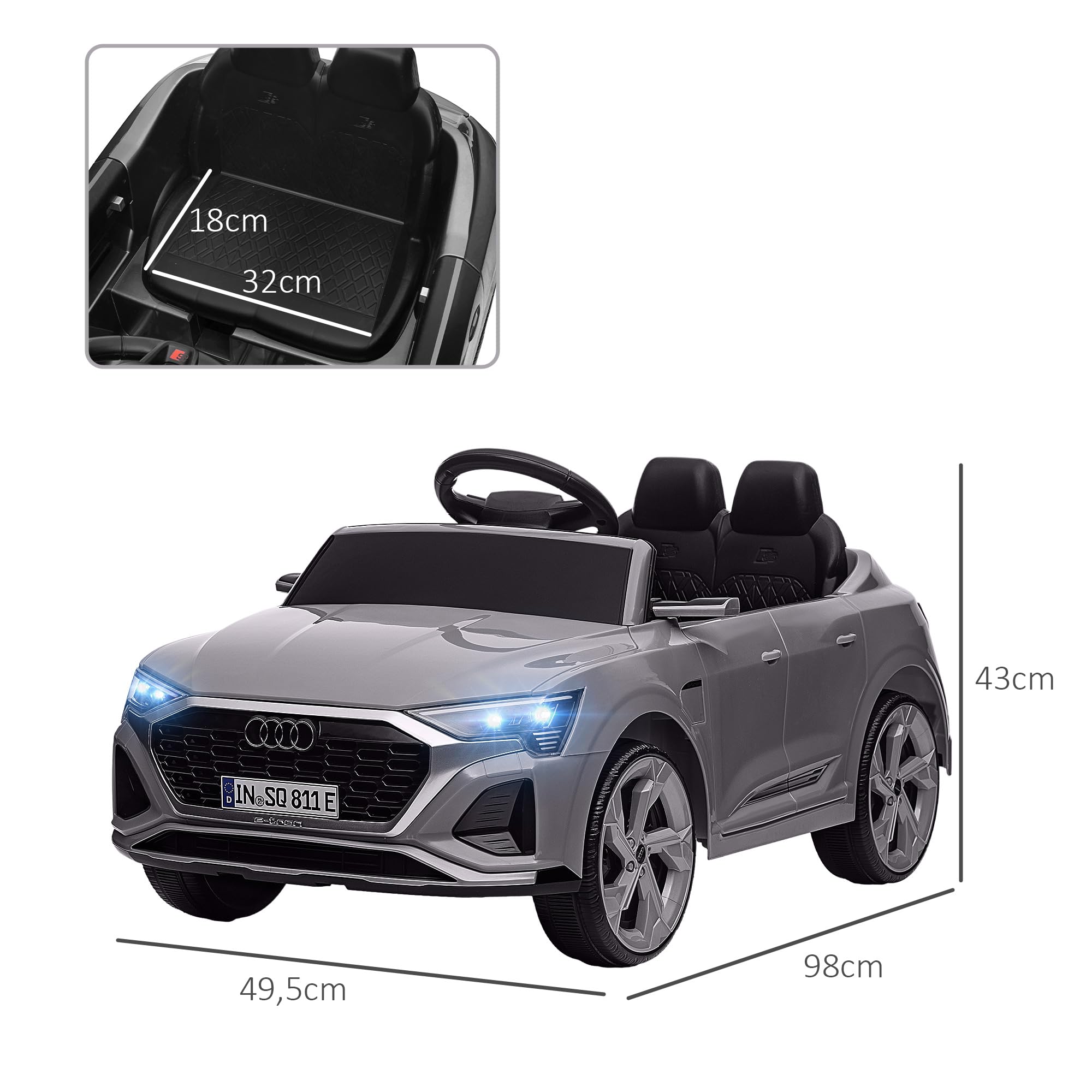 AIYAPLAY Voiture électrique Enfants 12V sous Licence Audi Q8 e-tron Sportback, véhicule électrique, 2 Moteurs, télécommande 2,4G, phares LED, Musique, klaxon, Suspension à Ressort, pour 3-4 Ans, Gris