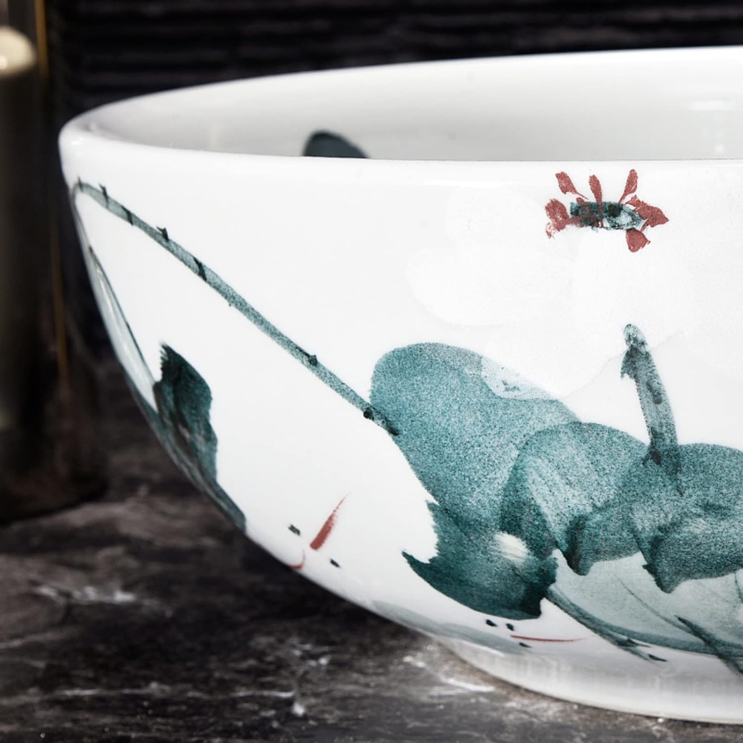 シンク セラミック バスルーム ベッセル シンク ボウル ラウンド 青と白 磁器 アート カウンタートップ 化粧台 洗面台 蓮の葉