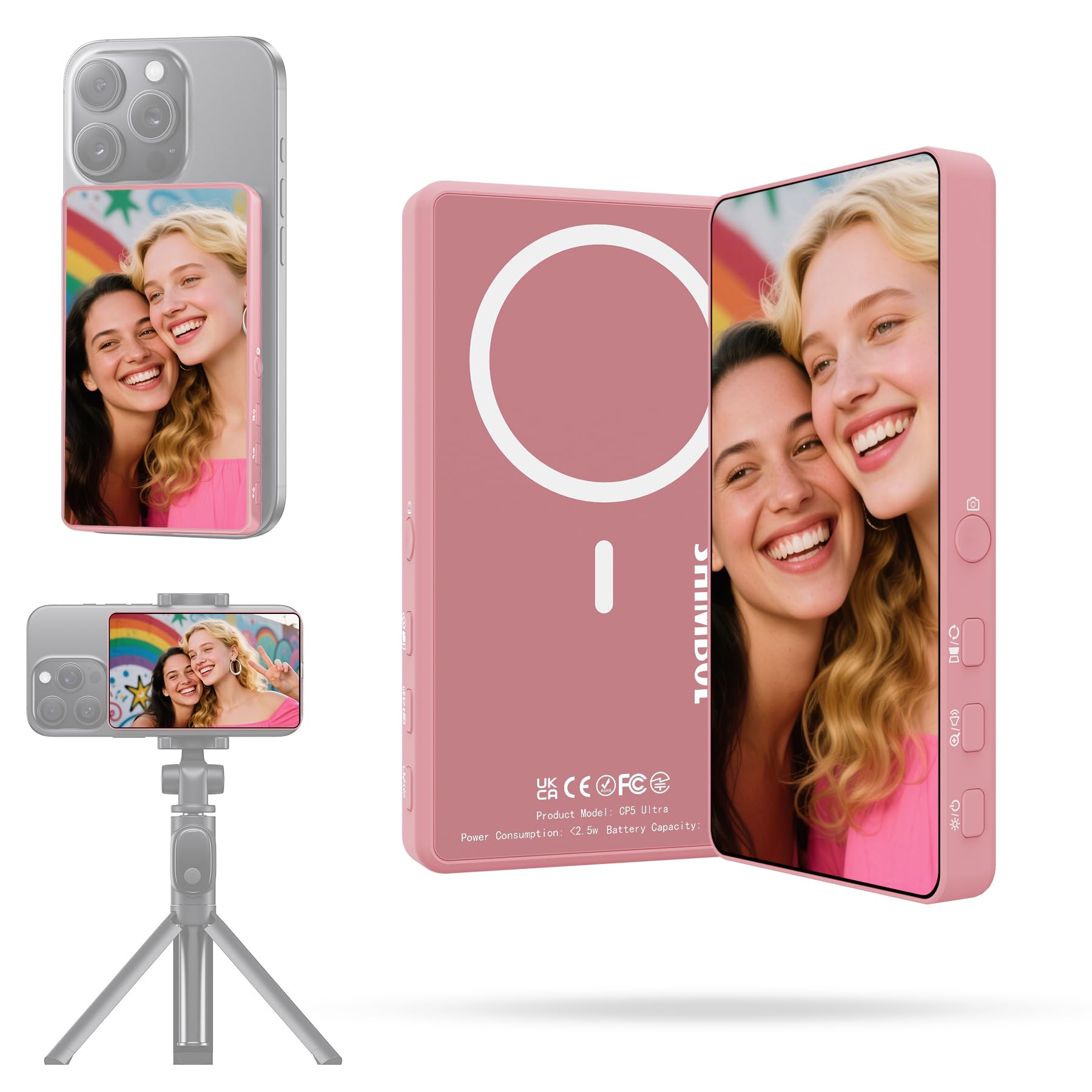 Photo 1 of CP5 Ultra Selfie Monitor Screen Iphone,1080P60fps Recording,Back Camera Monitor Iphone,Magnetic Stable?Mirror Rotation?Three Level Brightness Adjustment?Compatible with iPhone & Android?PINK)