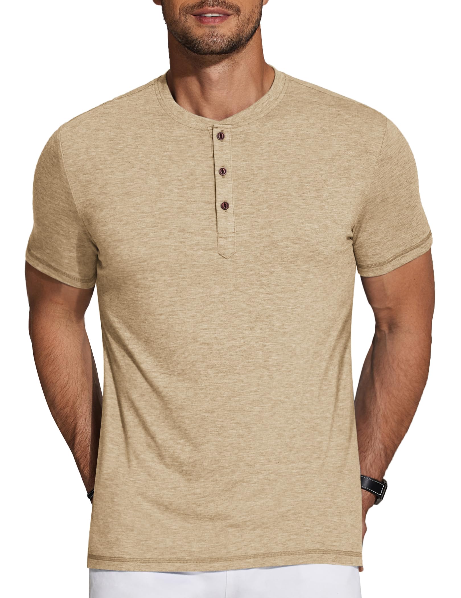 COOFANDY Men's Henley Shirts Short Sleeve Casual Basic Summer Solid Button T Shirts Light Khaki XL