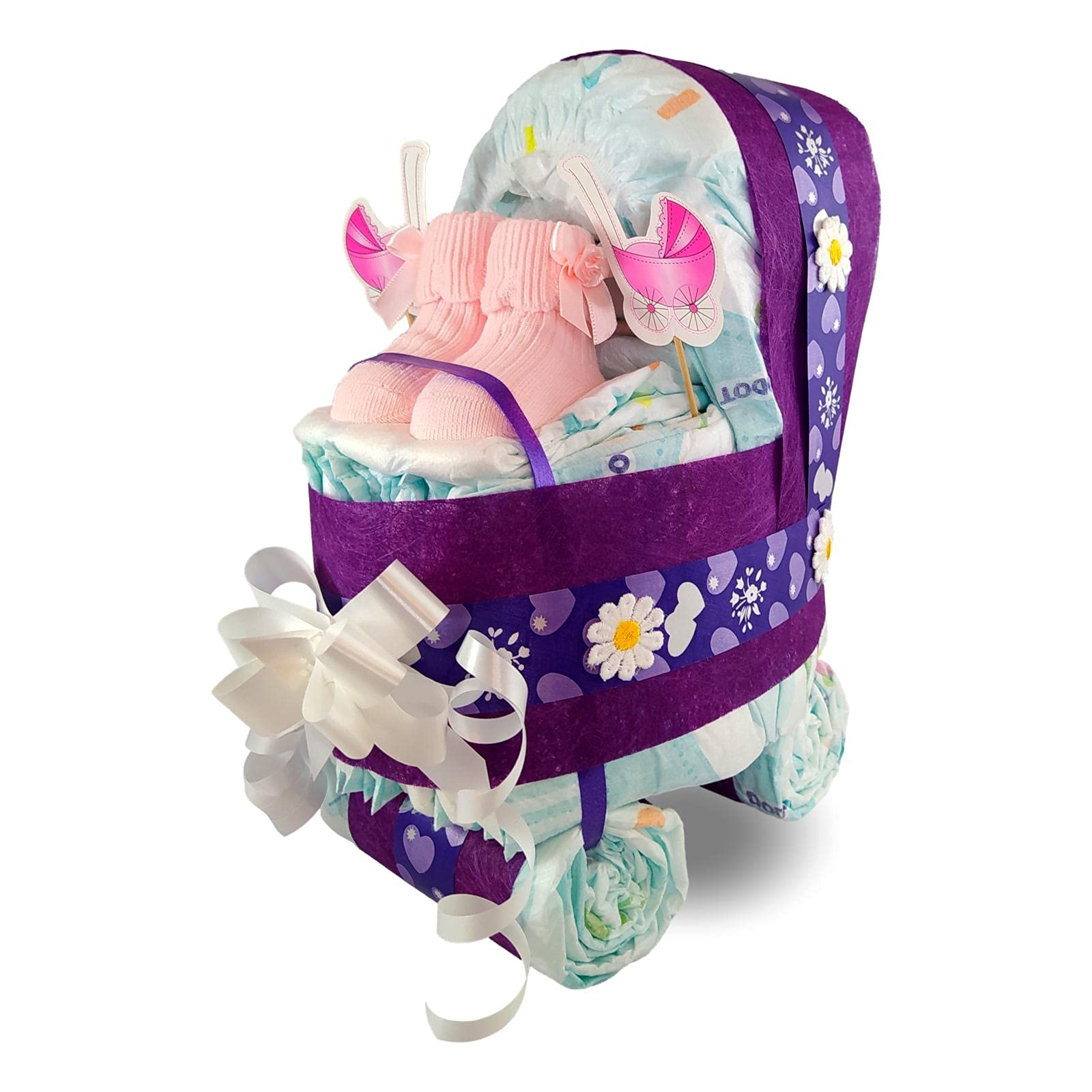 Torta di Pannolini Carrello per Ragazza Viola, 31 Pezzi, 1 Unità, Size 3, Rosa o Bianco, Decorazione con Fiori e Nastro, Regalo Perfetto per Coppie in Attesa di un Figlio