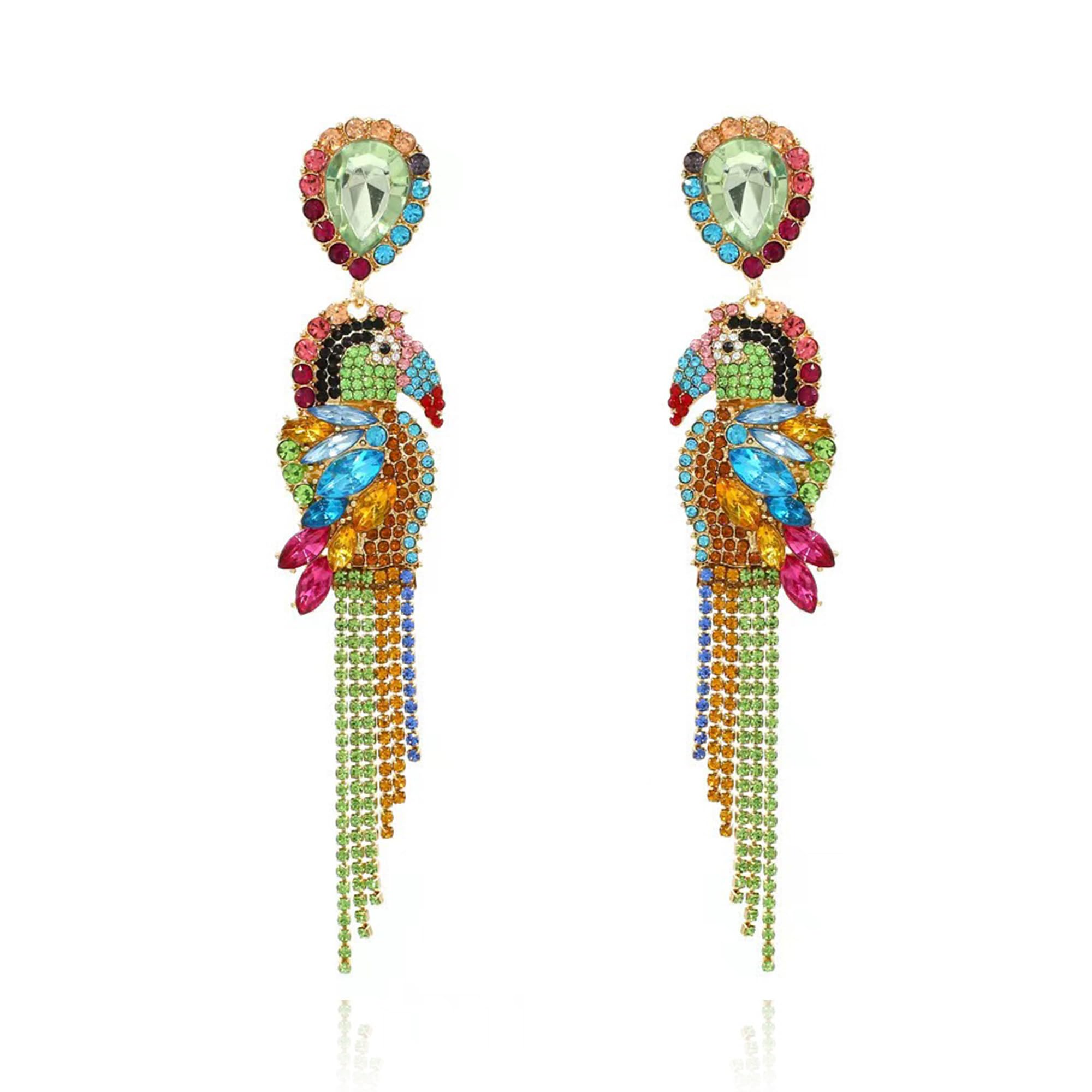 Tropical Parrot Dangle Earrings Bird Animal Tassel Colorful Hawaiian Earrings for Women, Zinc, No Gemstone