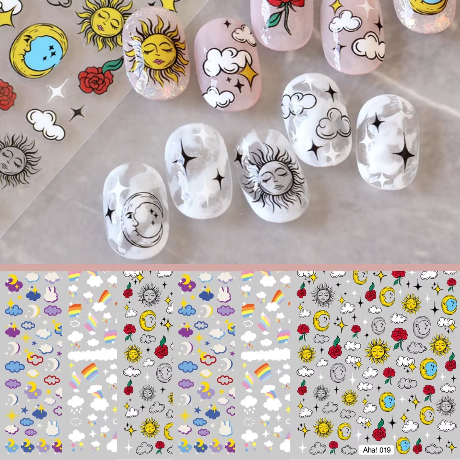 RUNRAYAY 6 Sheets Clouds Nail Art Stickers, Weather Self-Adhesive Nail Decals Nail Supplies Nail Design for DIY Acrylic Nail Decoration