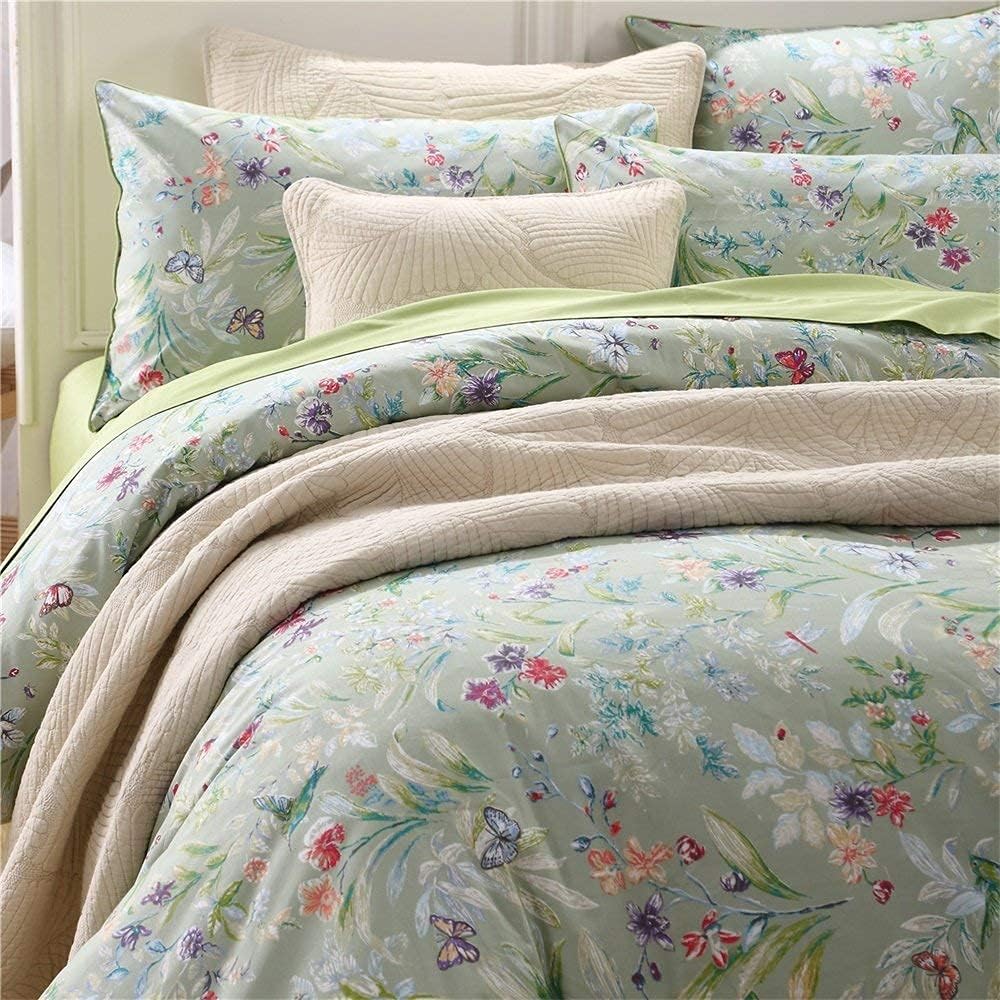 Brandream Duvet Cover Set Queen Size Wildflower Butterfly Bedding Super Soft 100% Egyptian Cotton 3 Pieces Modern Botanical Tree Branches Ornamental Drawing Green Blossom Garden 3Pcs Summer Bedding 3pc-Queen Unique Green