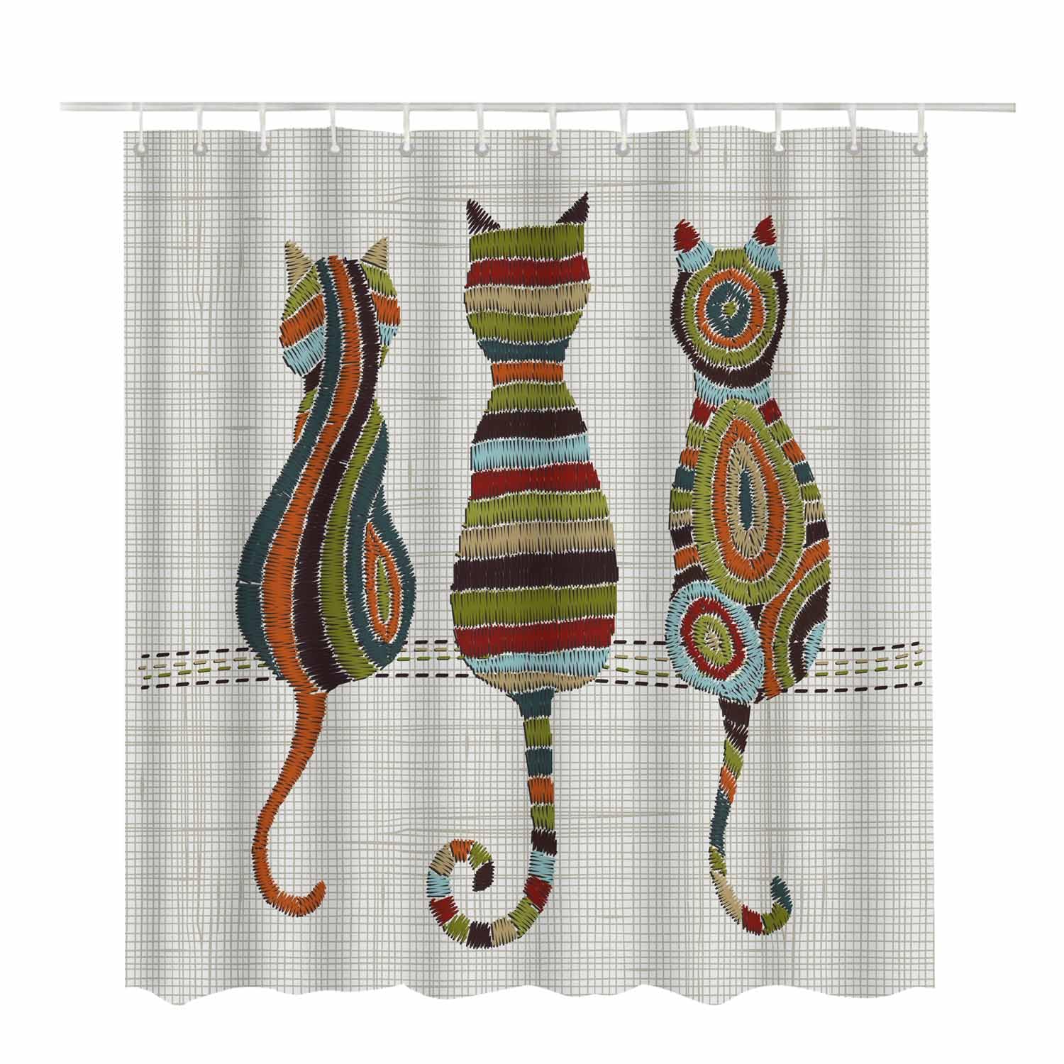 Woutay Shower Curtain Mould Proof Resistant Folk Embroidery Cats,Water Repellant Fabric,Polyester,Size 180x180CM - Image 2