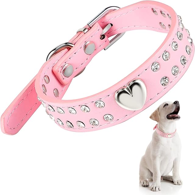 Crystal Dog Collar Rhinestone Pet Collar Bling Puppy Collar Heart Studded PU Leather Dog Collar Adjustable Pink Collar for Small and Medium Sized Dogs, S Size