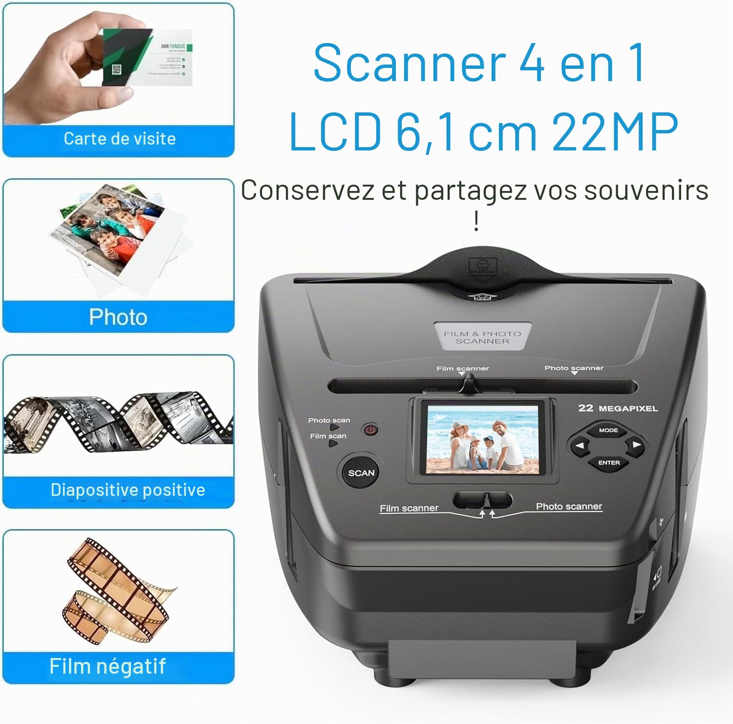 Scanner de film photo LCD 22MP 2,4", Scanner de diapositives et de négatifs - Convertisseur numérique - Transforme les négatifs 35mm/135mm, diapositives et cartes de visite en JPEG numériques