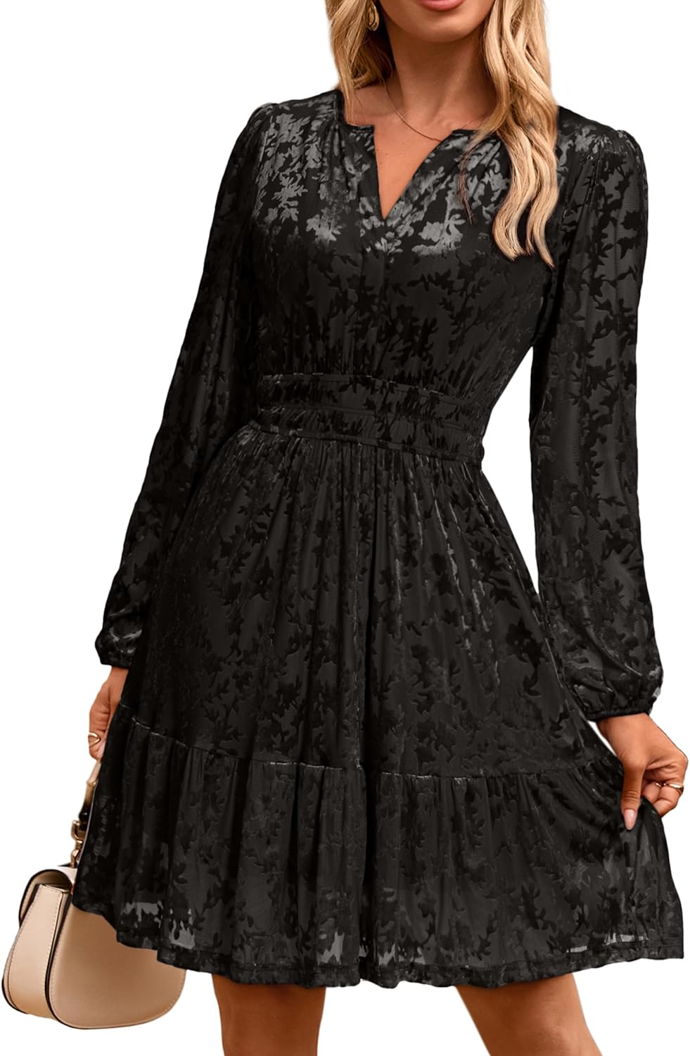 Simplee Womens Velvet Dress 2025 Fall Cocktail Long Sleeve Empire V Neck Wedding Guest Holiday Mini Dresses with Pockets