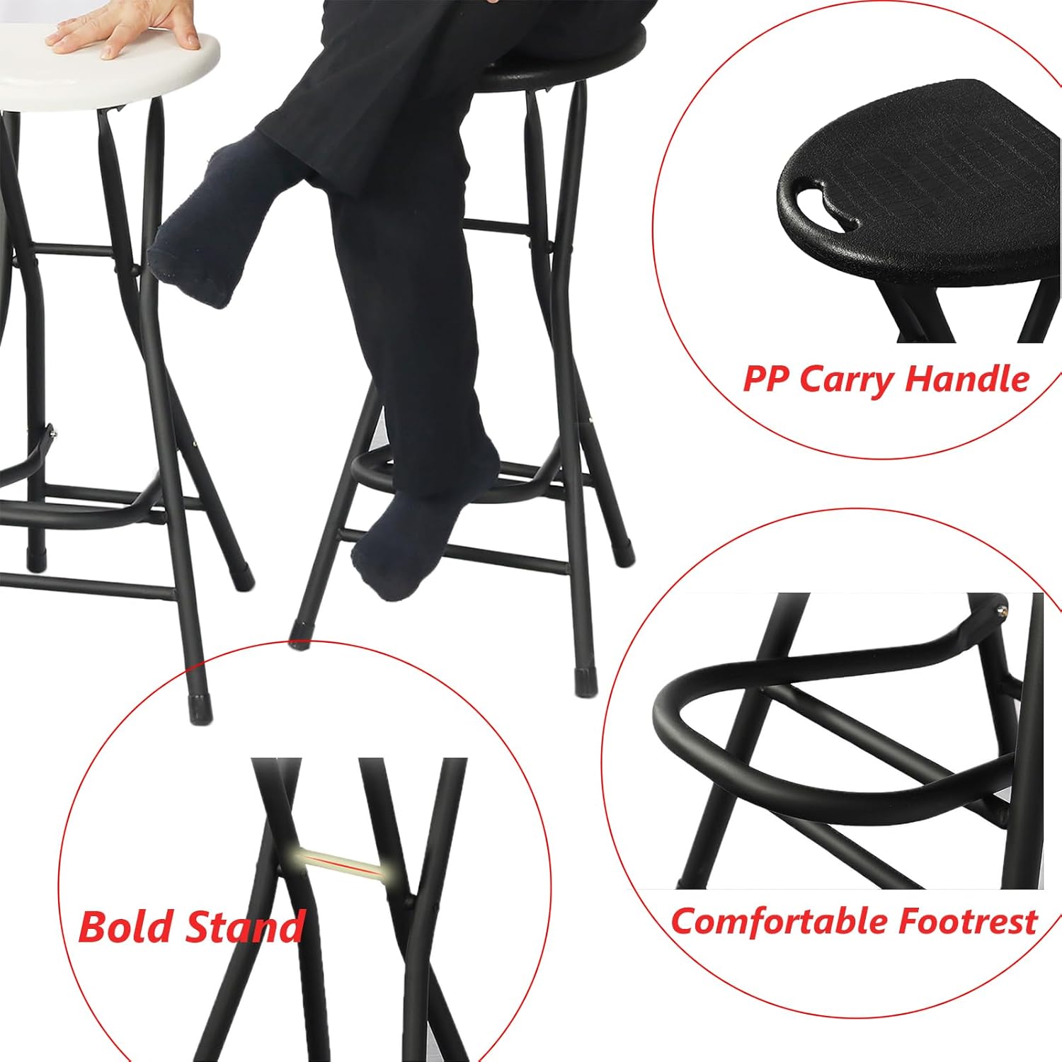 Folding Bar Stools for Adults, Portable Plastic Folding Stool with Handle, Indoor 28 inch Collapsible Stool Tall Bar stools for Kitchen Outdoor Travel (Black, H72cmxW31cm(28x12inch))