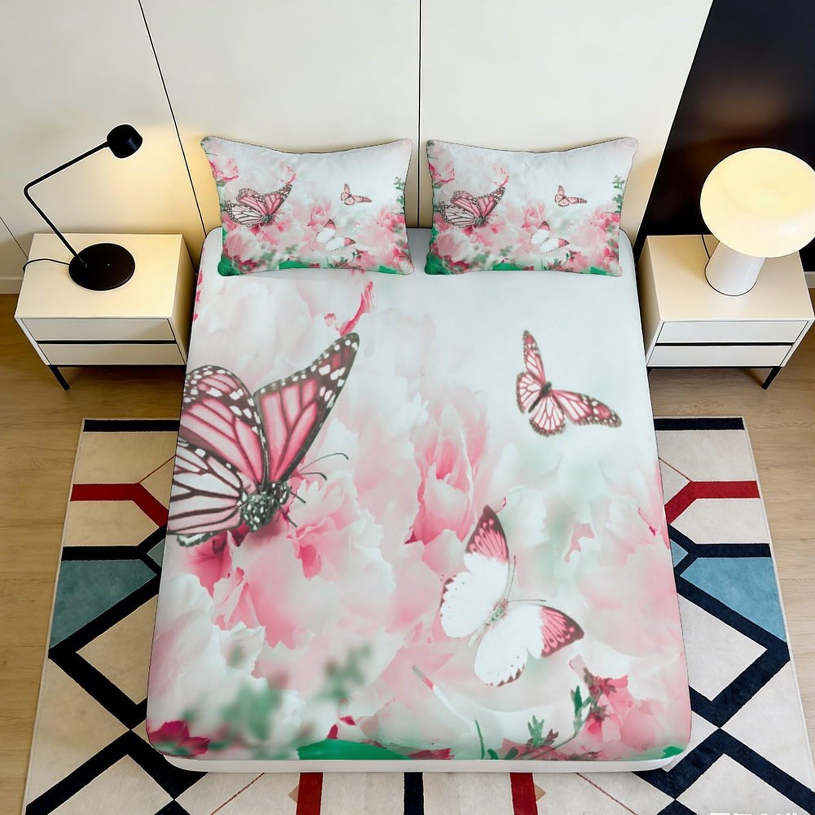 Kzqjxnhpcr Style-2 3D Printed Butterfly Floral Fitted Sheet Microfiber Deep Pocket Non-Slip Bedroom Bedding Butterfly Mattress Fitted Cover 90X200x25cm 90X200x25cm