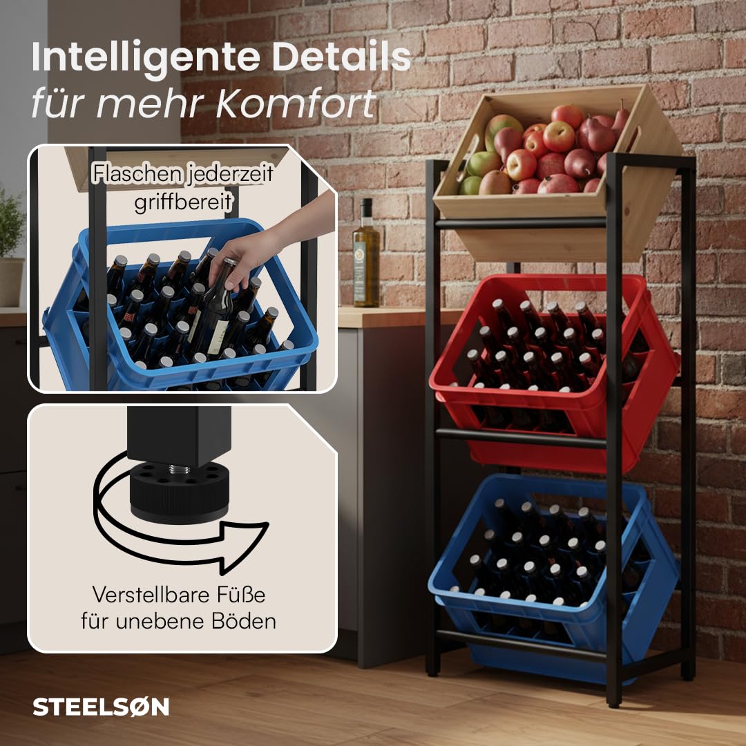 STEELSØN Mystra Getränkekistenregal – Getränkeregal für 3 Kisten in schwarz – stabiles Kistenregal für Wasser, Bier, Obst, Gemüse – Bierkisten Regal mit höhenverstellbaren Füßen – Flaschenregal Metall