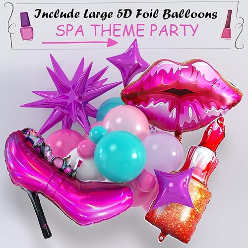 Miniatura 4 de 127 piezas de suministros de fiesta de spa para niñas, decoración de cumpleaños con guirnalda de globos, globos de papel de aluminio, telón de