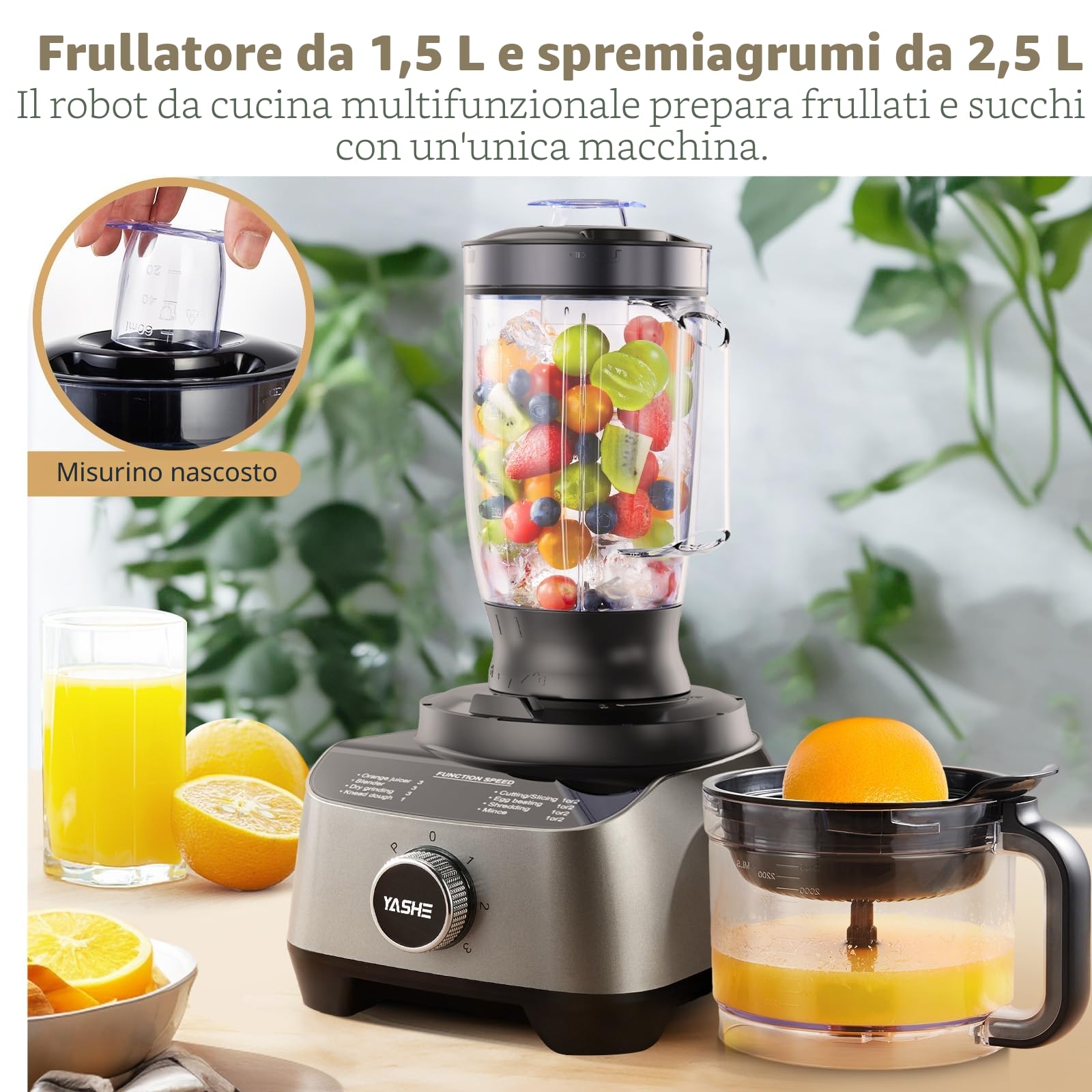 YASHE Robot da Cucina Multifunzione, 2,5L Ciotola & 1,5L Bicchiere Frullatore, Mixer, Grinder, Estrattore di Succo, Impastatrice, Affettatore & Grattugia, 3 Velocità + Pulse, Blocco di Sicurezza