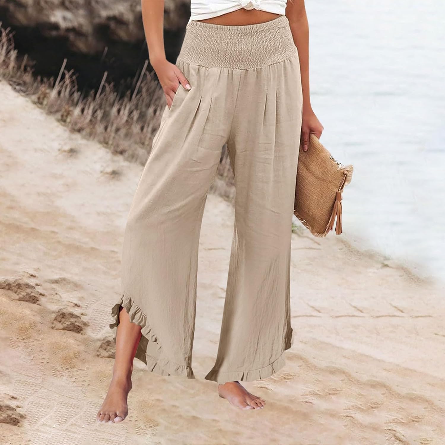 Linen Pants Women Smocked High Waisted Wide Leg Cropped Palazzo Pants with Pockets Cute Ruffle Boho Flowy Beach Pant - Image 4