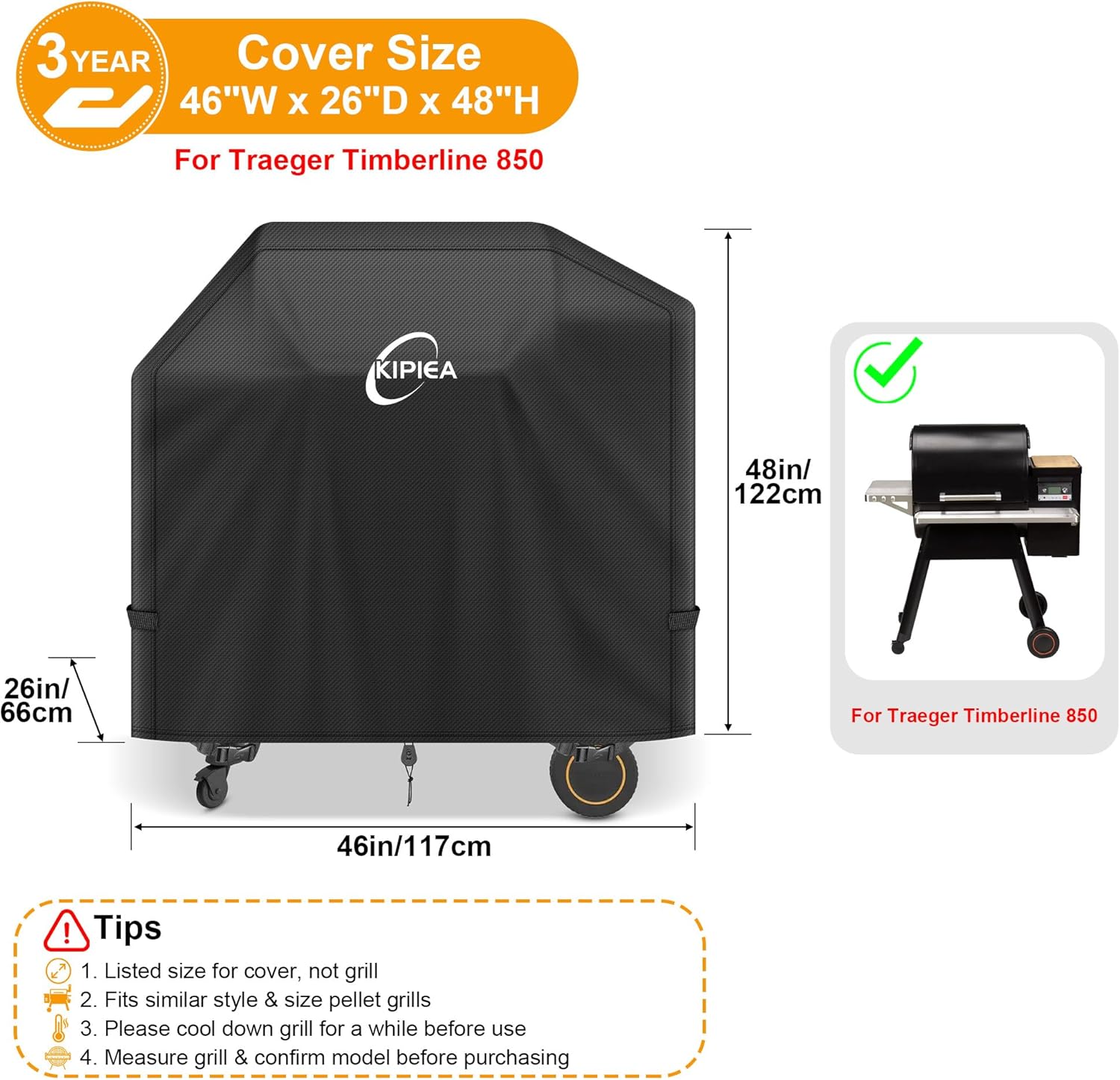 Kipiea Heavy Duty Grill Cover for Traeger Timberline 850, 600D Oxford Fabric Wood Pellet Smoker Covers Waterproof & Windproof, Pellet BBQ Grill Cover for Outside Anti-UV, No Tear, No Fading