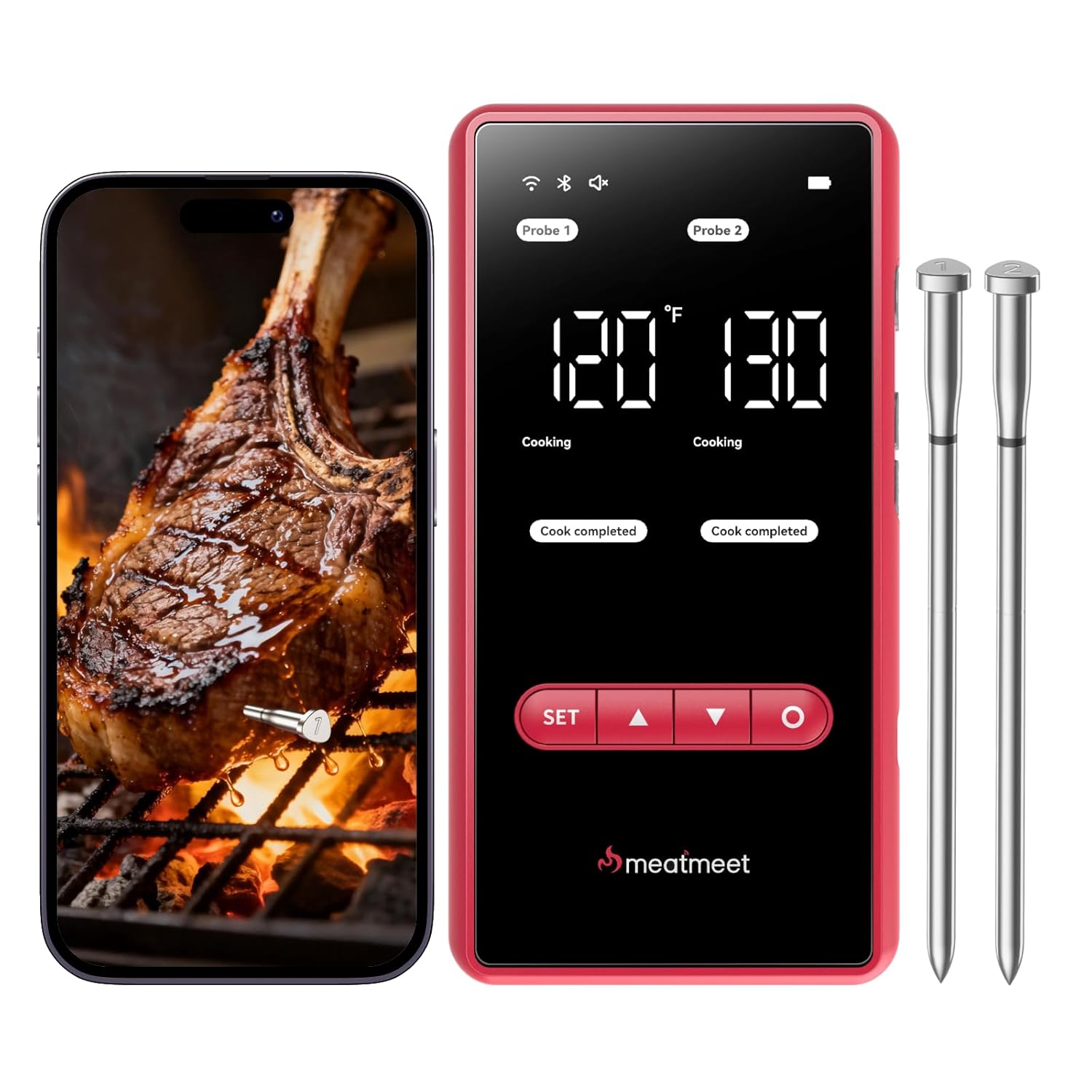 Meatmeet X Pro Wireless Meat Thermometer: Dual WiFi/Bluetooth, 2 Probes, 6 Sensors, IP69 Waterproof for Grills, Smokers, BBQs