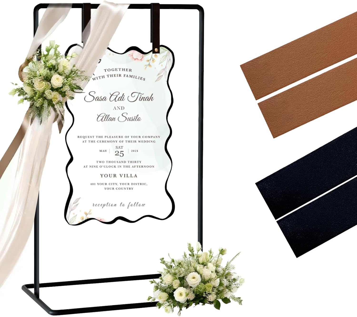 Wedding Welcome Sign Stand, 54" Adjustable Heavy Duty Metal Easel for Welcome Signs, Seating Charts & Posters - Display Holder for Wedding & Event Decor w/Leather Straps Black