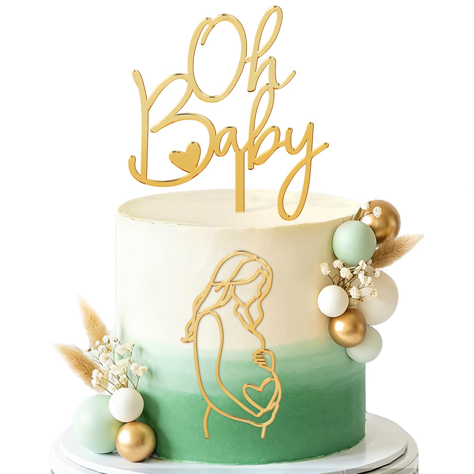 DOORIO 1Pc Oh Baby Cake Topper + 1Pc Expectant Mother Cake Topper Acrylic Gold Baby Shower Cake Decorations Christening Gender Reveal Baby Party Supplies