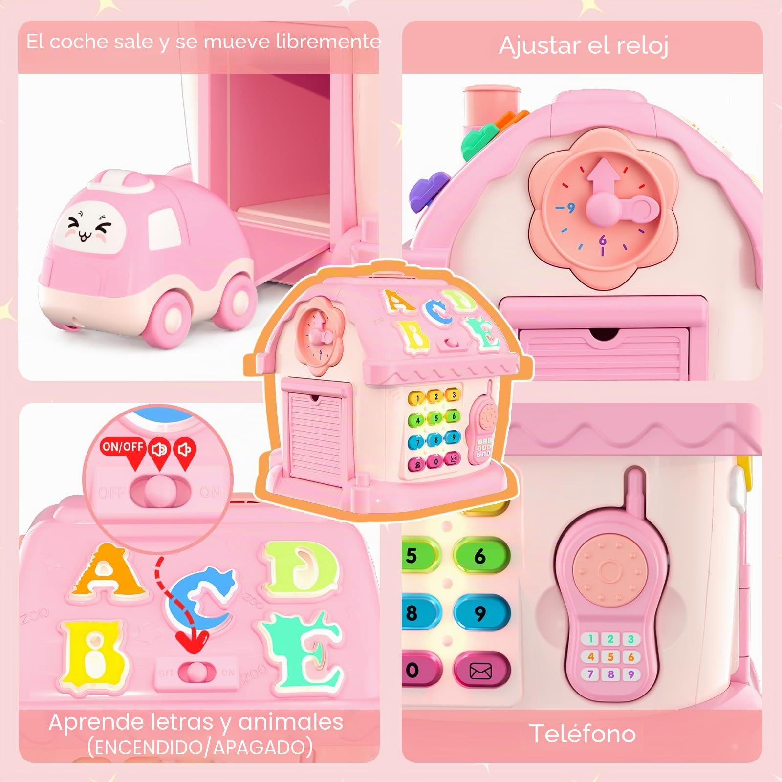 HYES Juguetes para bebé niñas de 1 año, Juguete Montessori, 8 en 1 multifunción casa con música/Coche/Reloj/teléfono/luz, Musical sensorial Juguetes Regalos para bebé de 1-2 años