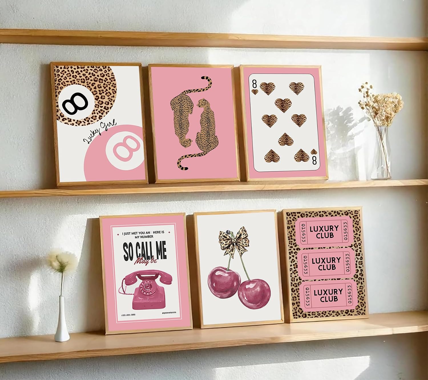 6Pcs Pink Trendy Leopard Canvas Wall Art Fashion Lucky 8 Ball Painting Pictures Preppy Y2K Aesthetics Wall Decor Trend Cheetah Print Artworks for Girls Bedroom College Dorm Decoration 12x16in Unframed