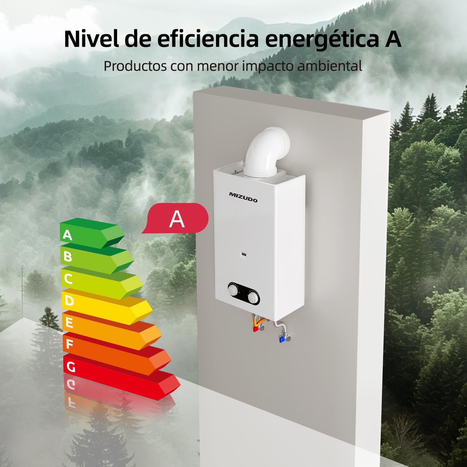 MIZUDO Calentador de Agua Butano Gas LPG, Clase de Eficiencia Energética A, Low NOx, Calentadores Propano 10L Atmosférico, Quemador de Baja Emisión, 32.8 x 21.35 x 55 cm