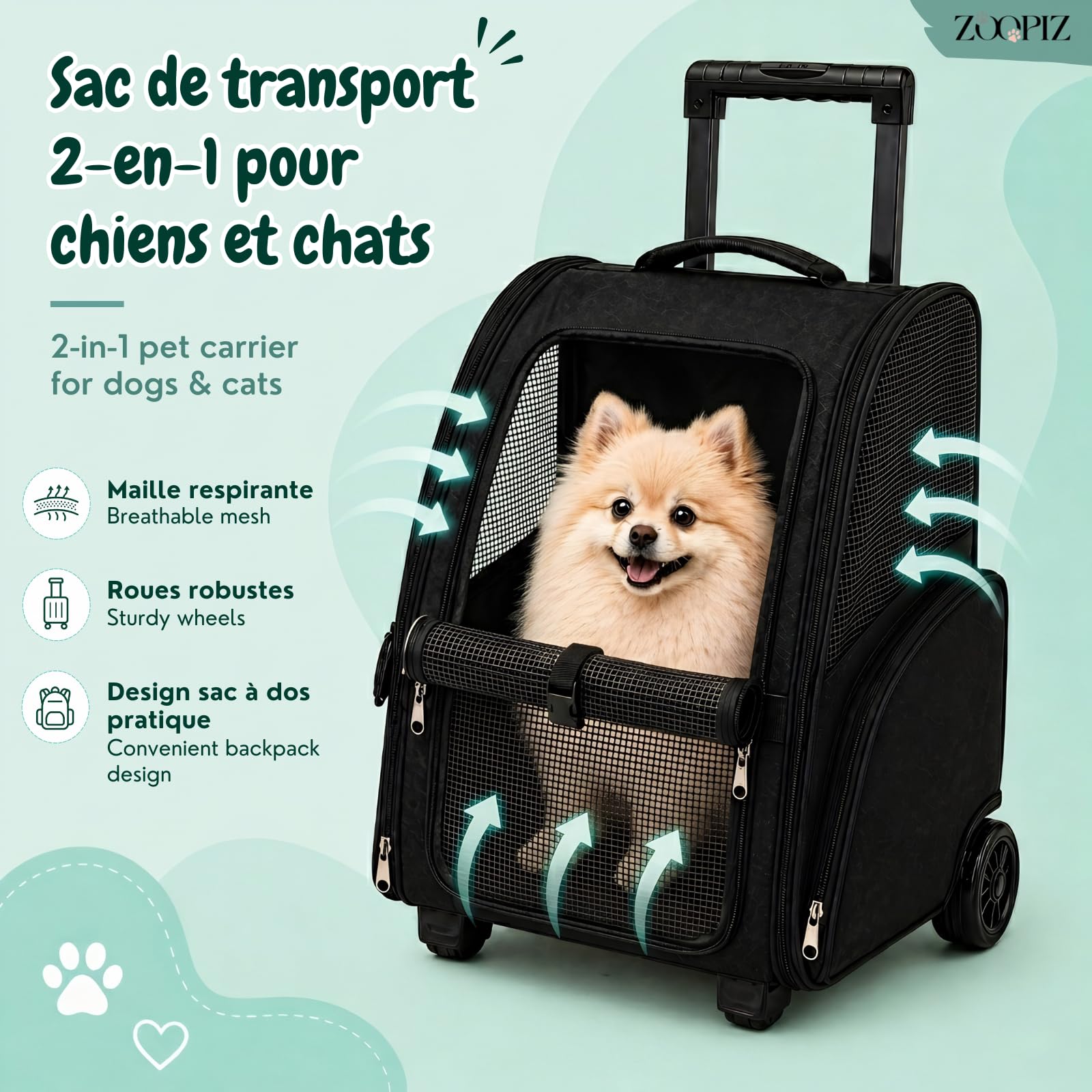 Bolsa de transporte para gatos (2 en 1, con ruedas y mochila, bolsa de transporte para gatos y perros pequeños, hasta 15 kg, bolsa de transporte ventilada, con bolsillos de almacenamiento, 51
