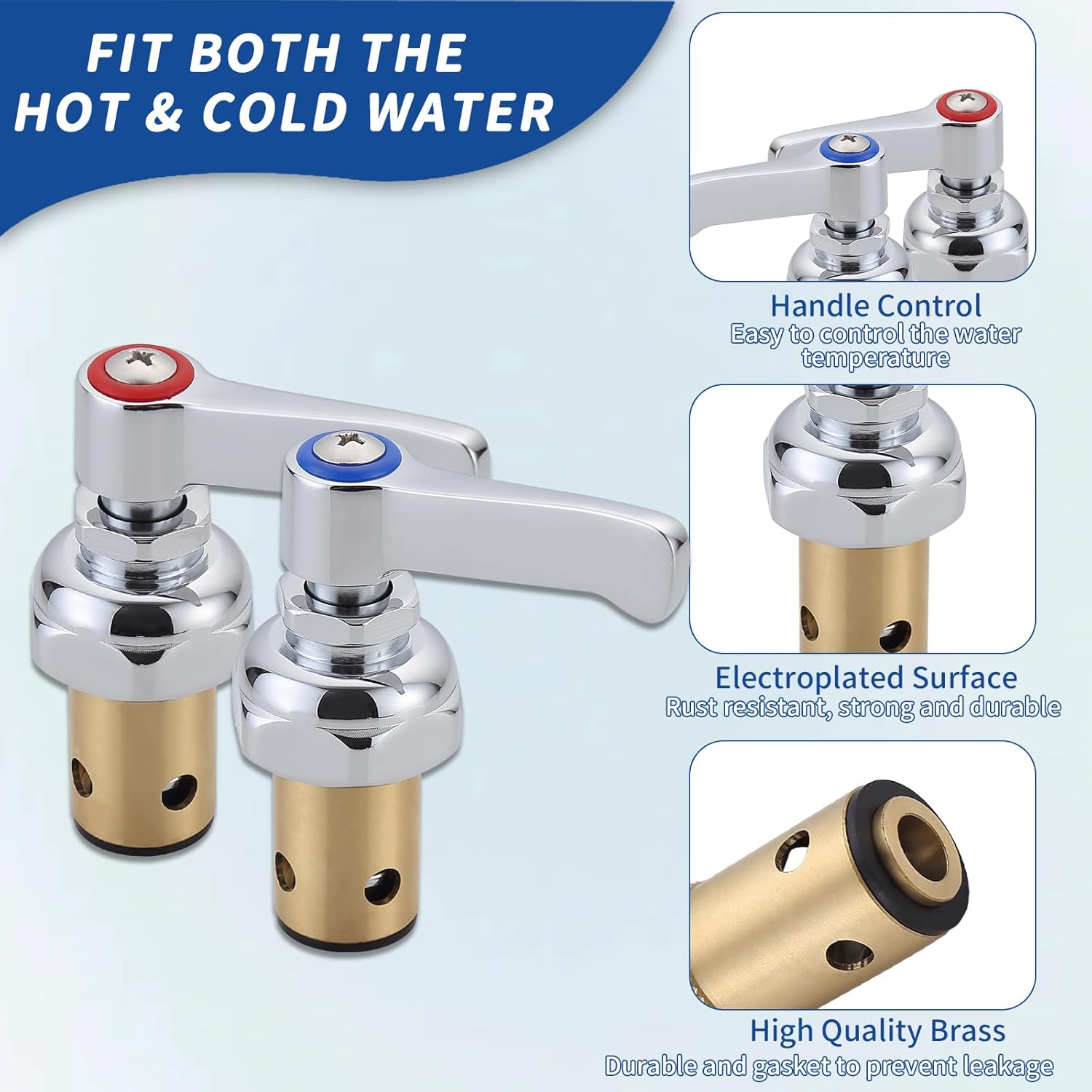 Handle Stem Assembly Compatible with T&S Brass Faucets Replace 002713-40 002714-40, Blue Cold and Red Hot Side Eterna Spindle Assembly Valve Replacement Part, Chrome Finish