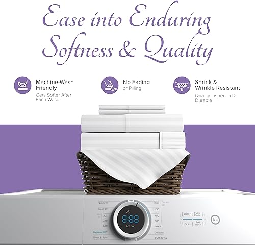 Miniatura 7 de Carressa Linen Juego de sábanas de lujo de algodón egipcio tamaño Queen, 600 hilos, fibras extralargas, 4 piezas, sábanas de damasco blanco nítido,