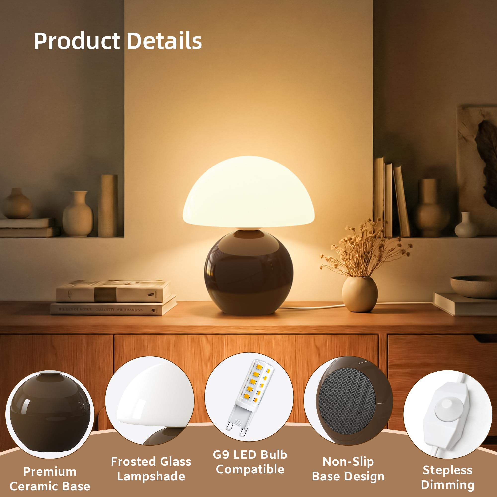 Dawnwake Lámpara de mesita de noche de seta, LED regulable, lámpara de mesa decorativa para salón, dormitorio, lámpara de mesa, lámpara de mesa de comedor, base de cerámica de cristal, pequeña lámpara