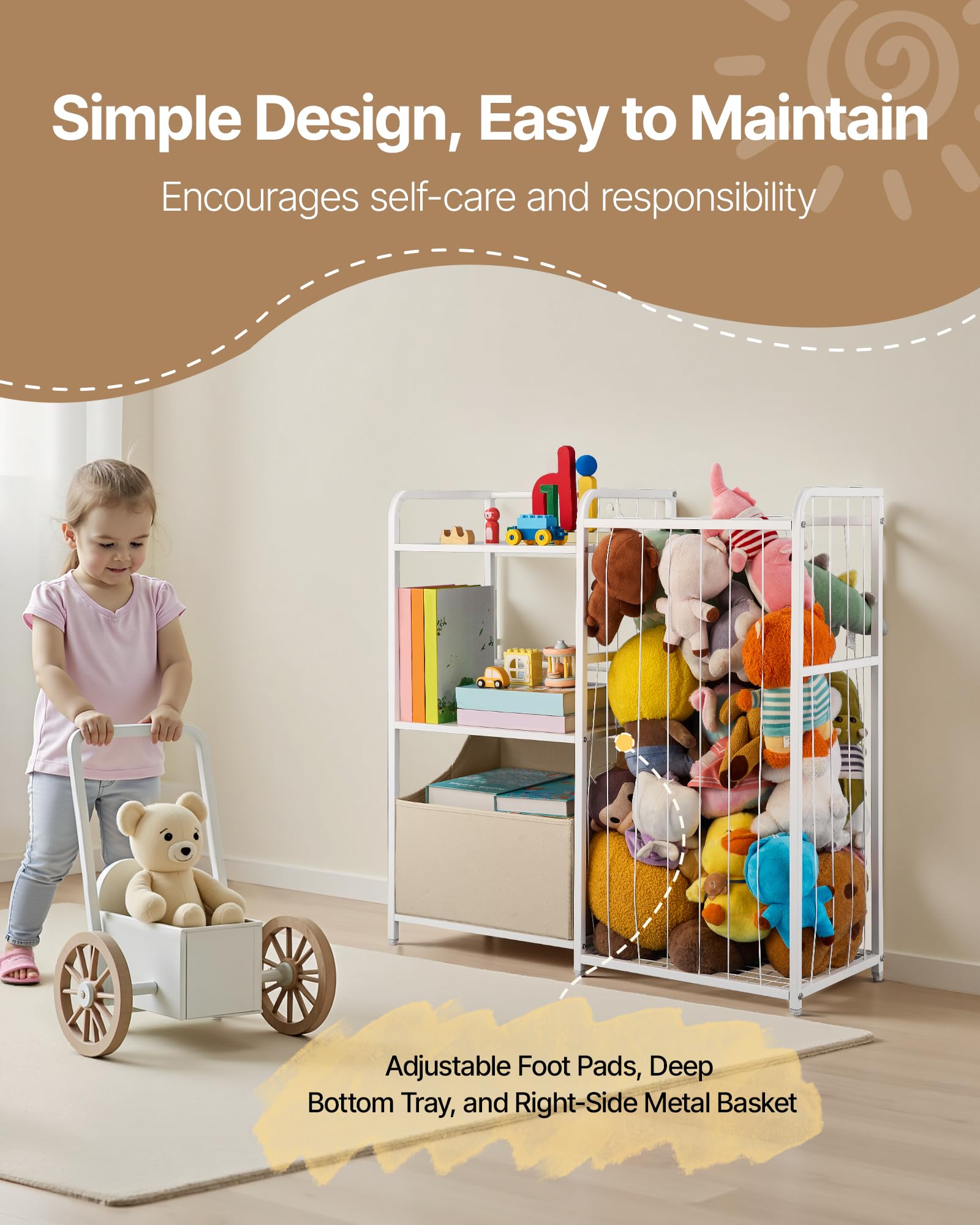 VEVOR Organisateur de jouets animaux en peluche, bibliothèque enfants à 2 niveaux, meuble de rangement avec coffre à jouets en tissu, pour chambres, salles de jeux, crèches et jardins d'enfants, blanc