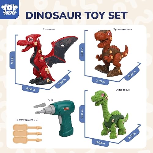 Miniatura 3 de TOY Life Paquete de 3 juguetes de dinosaurio desmontables para niños de 3, 5, 7, juguetes de dinosaurio con taladro eléctrico, regalos de
