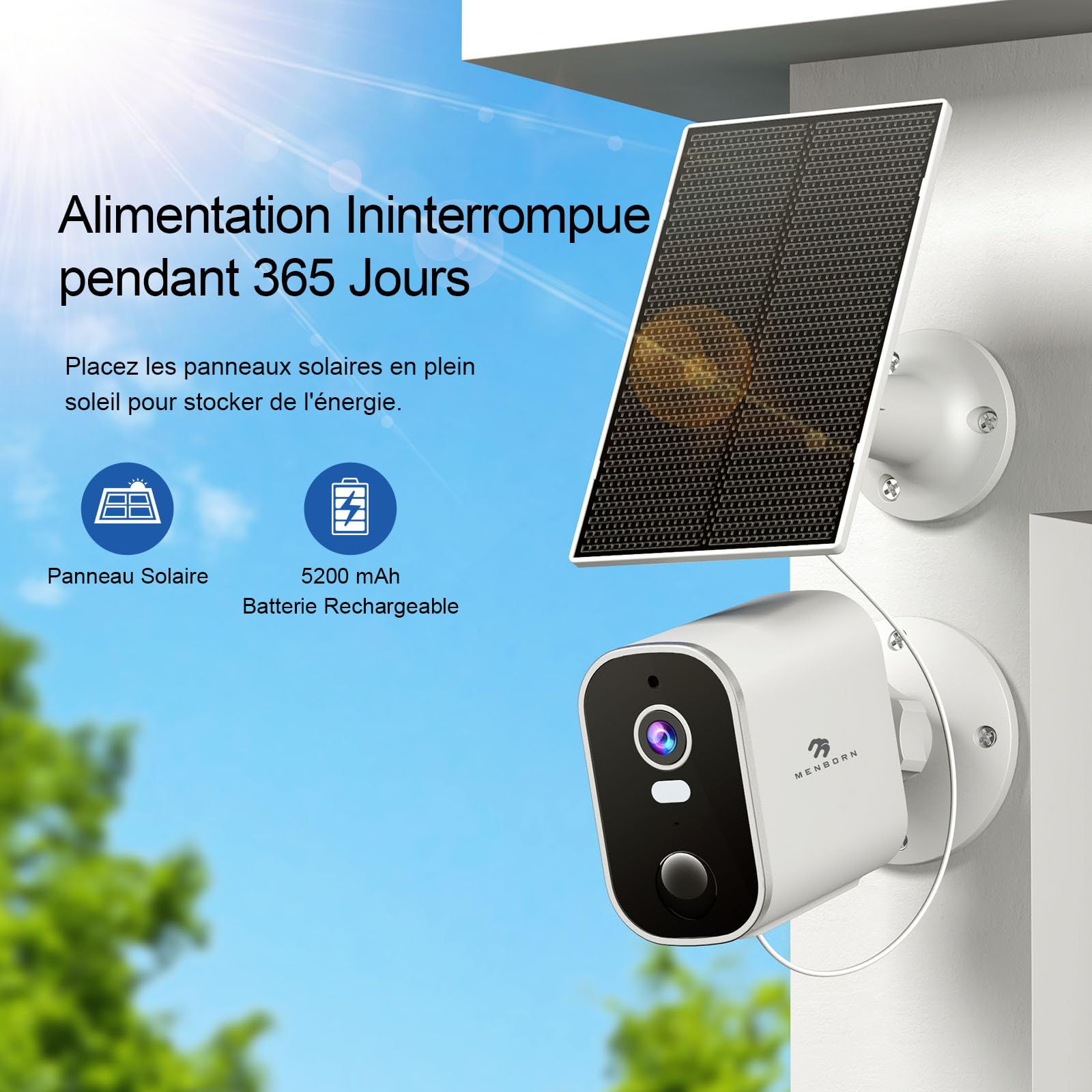 Camera Wifi Solaire Cinnado Caméra Surveillance Solaire Extérieure - 2K, Vision Nocturne Couleur, Détection PIR - Compatible Alexa Détection Mouvement PIR Caméra