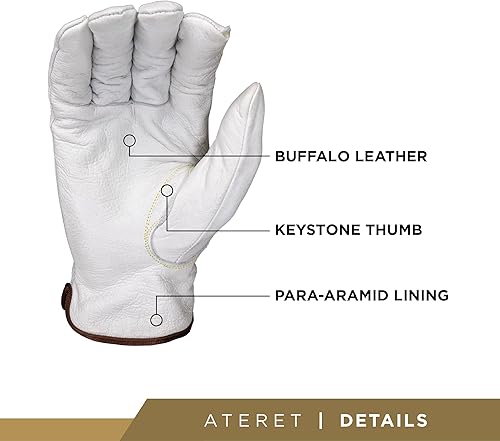 Miniatura 2 de ATERET Guantes de trabajo de cuero de seguridad Buffalo resistentes, forro de para-aramida, pulgar Keystone, corte de pistola, protección de nivel 3